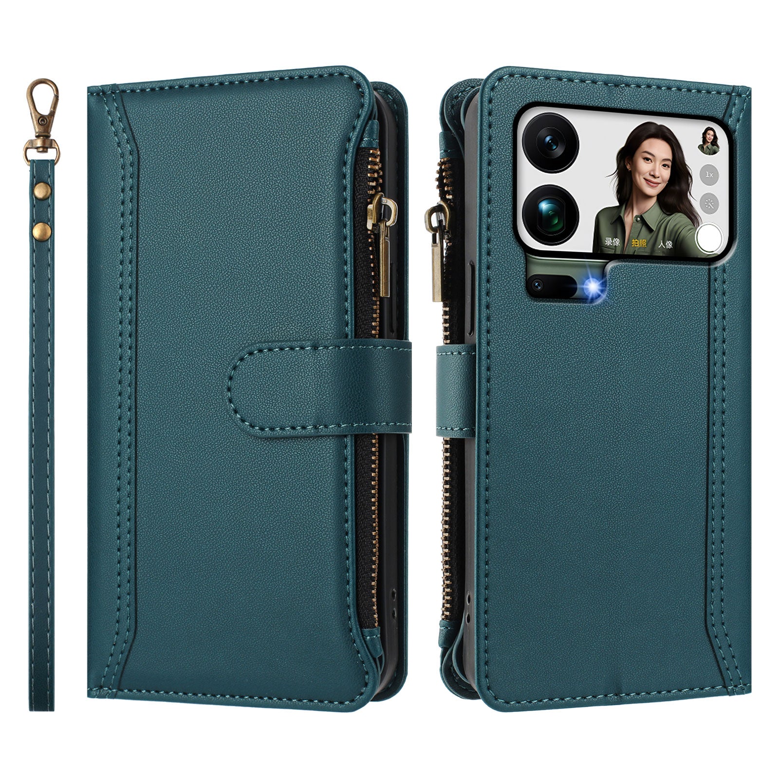 For Xiaomi 17 Pro Max Leather Case 9 Card Slots Zipper Wallet Stand Phone Cover with Wrist Strap - Dark Green