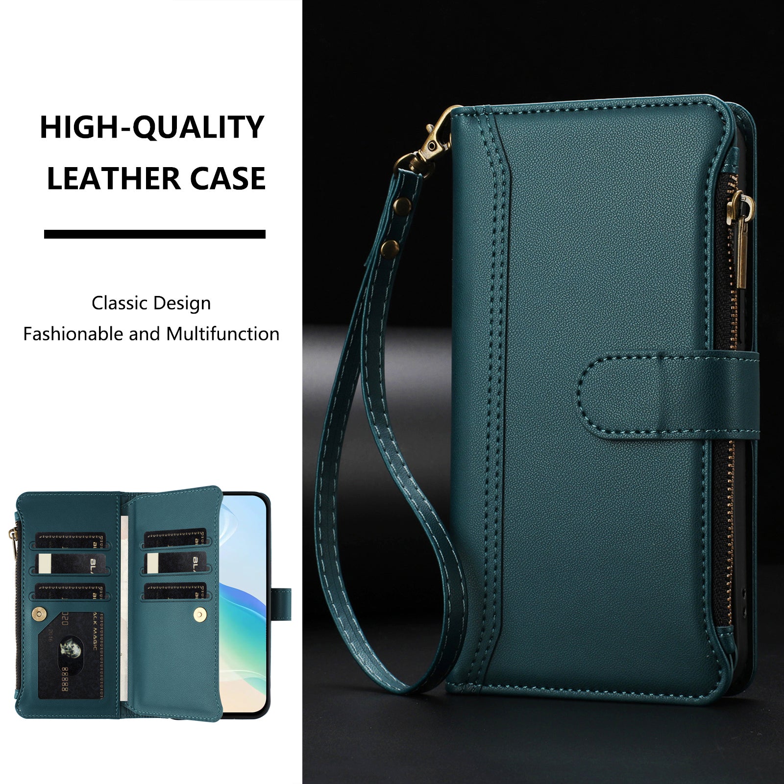 For Xiaomi 17 Pro Max Leather Case 9 Card Slots Zipper Wallet Stand Phone Cover with Wrist Strap - Dark Green