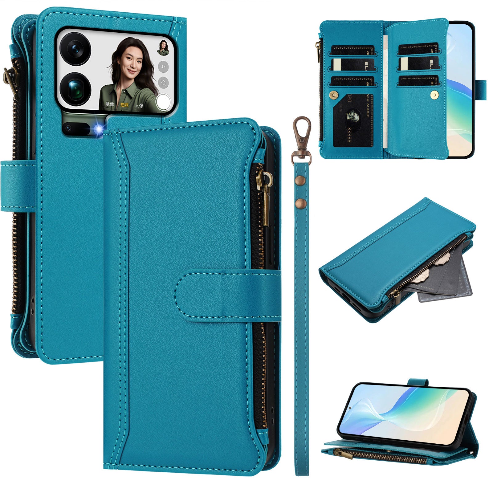 For Xiaomi 17 Pro Max Leather Case 9 Card Slots Zipper Wallet Stand Phone Cover with Wrist Strap - Lake Blue