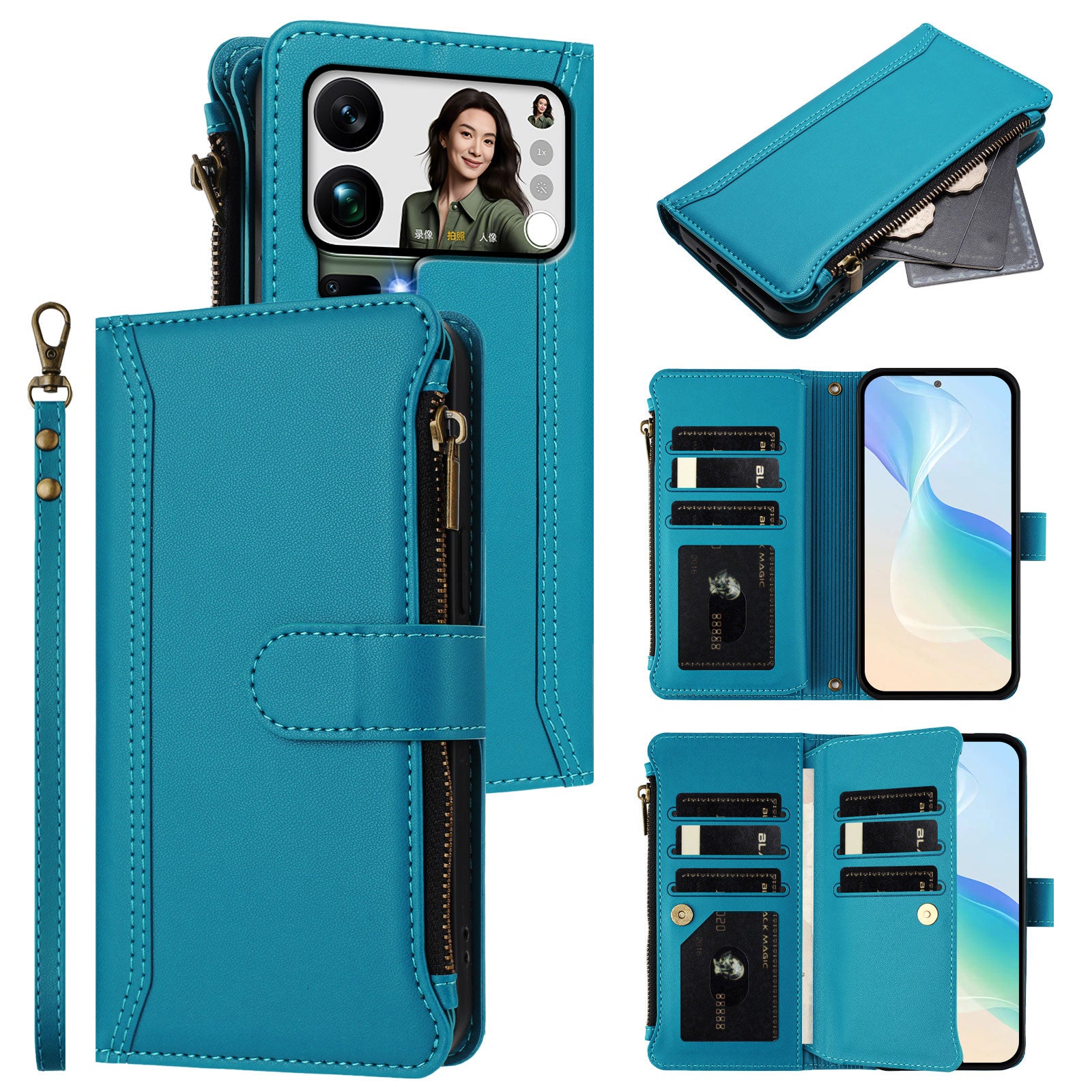 For Xiaomi 17 Pro Max Leather Case 9 Card Slots Zipper Wallet Stand Phone Cover with Wrist Strap - Lake Blue