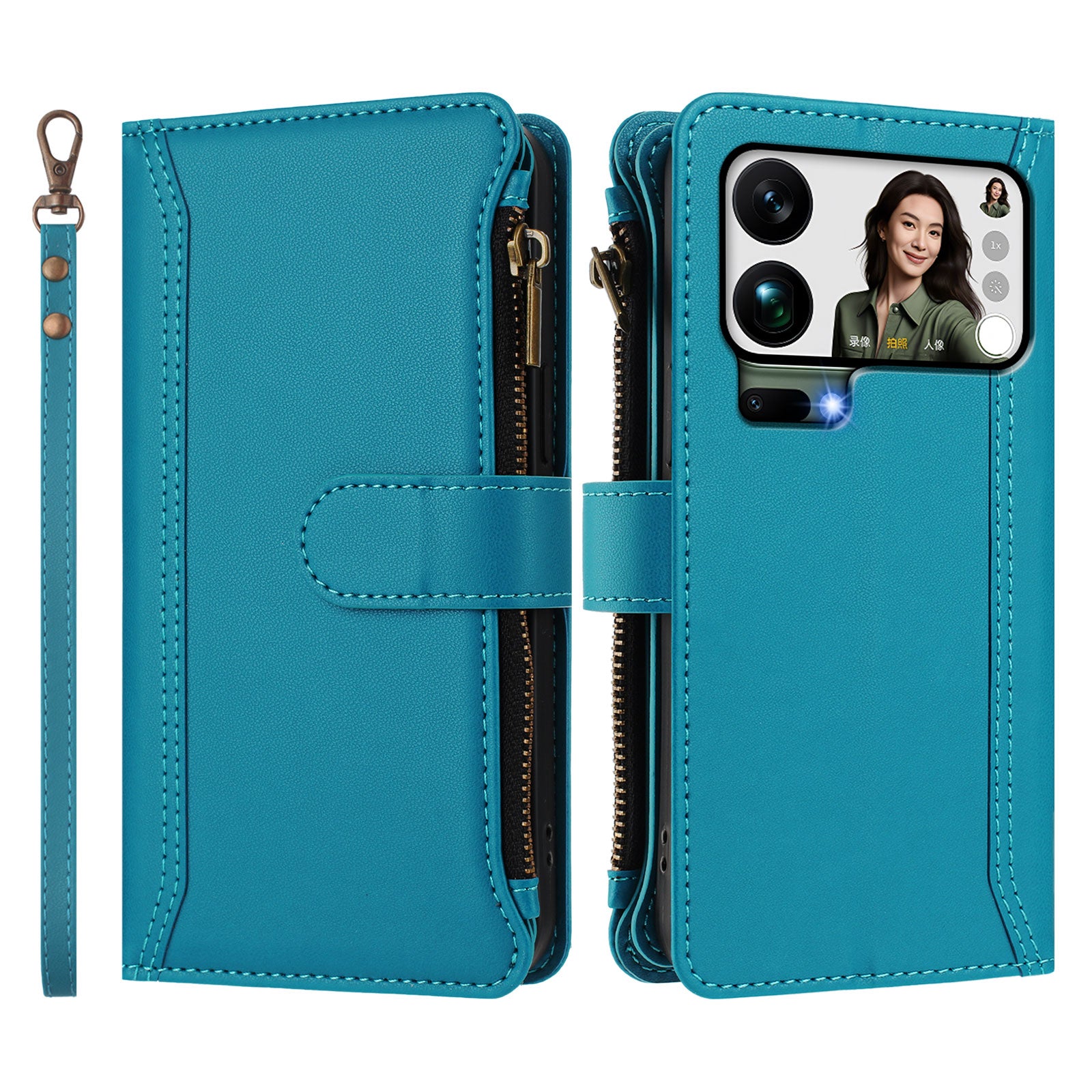 For Xiaomi 17 Pro Max Leather Case 9 Card Slots Zipper Wallet Stand Phone Cover with Wrist Strap - Lake Blue