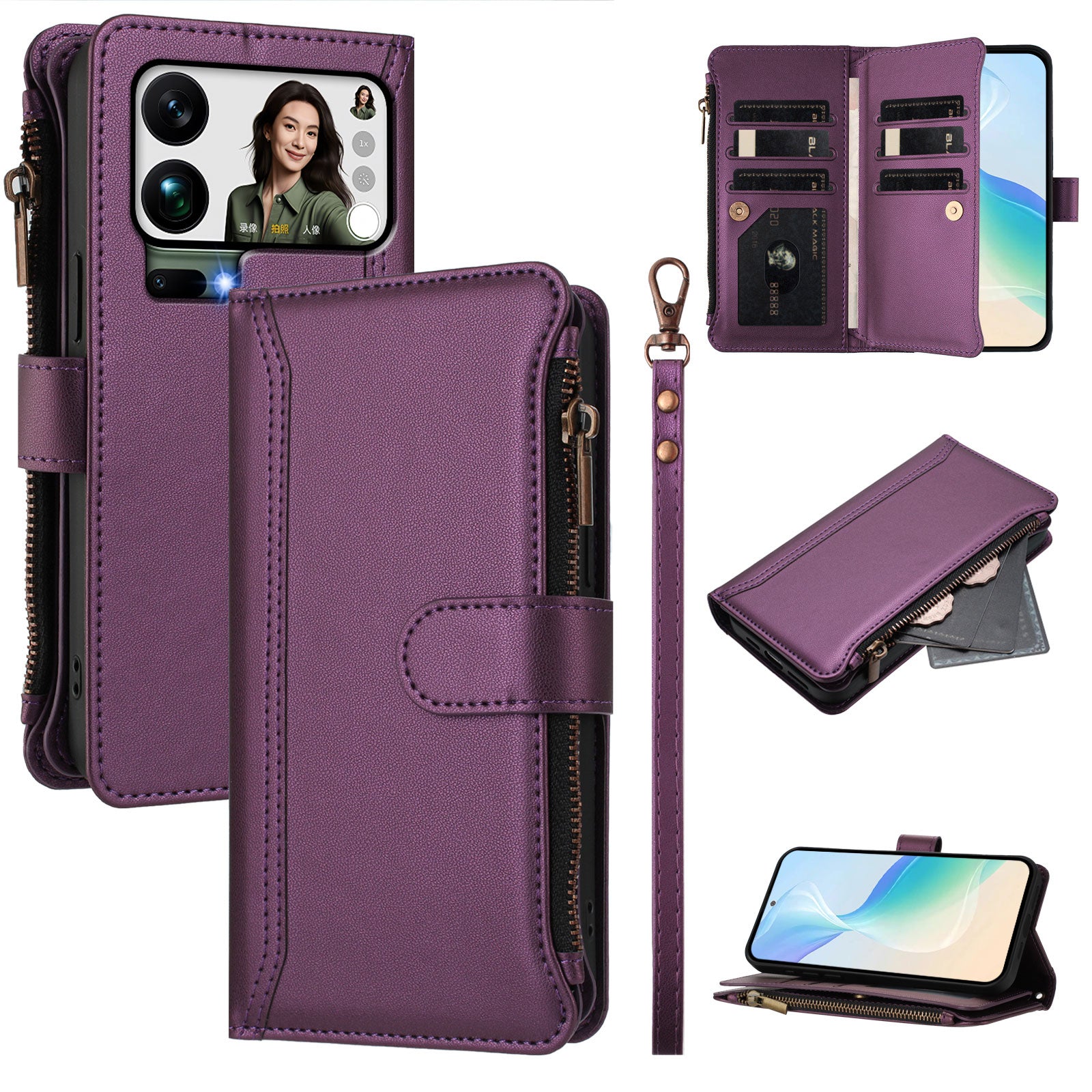 For Xiaomi 17 Pro Max Leather Case 9 Card Slots Zipper Wallet Stand Phone Cover with Wrist Strap - Purple