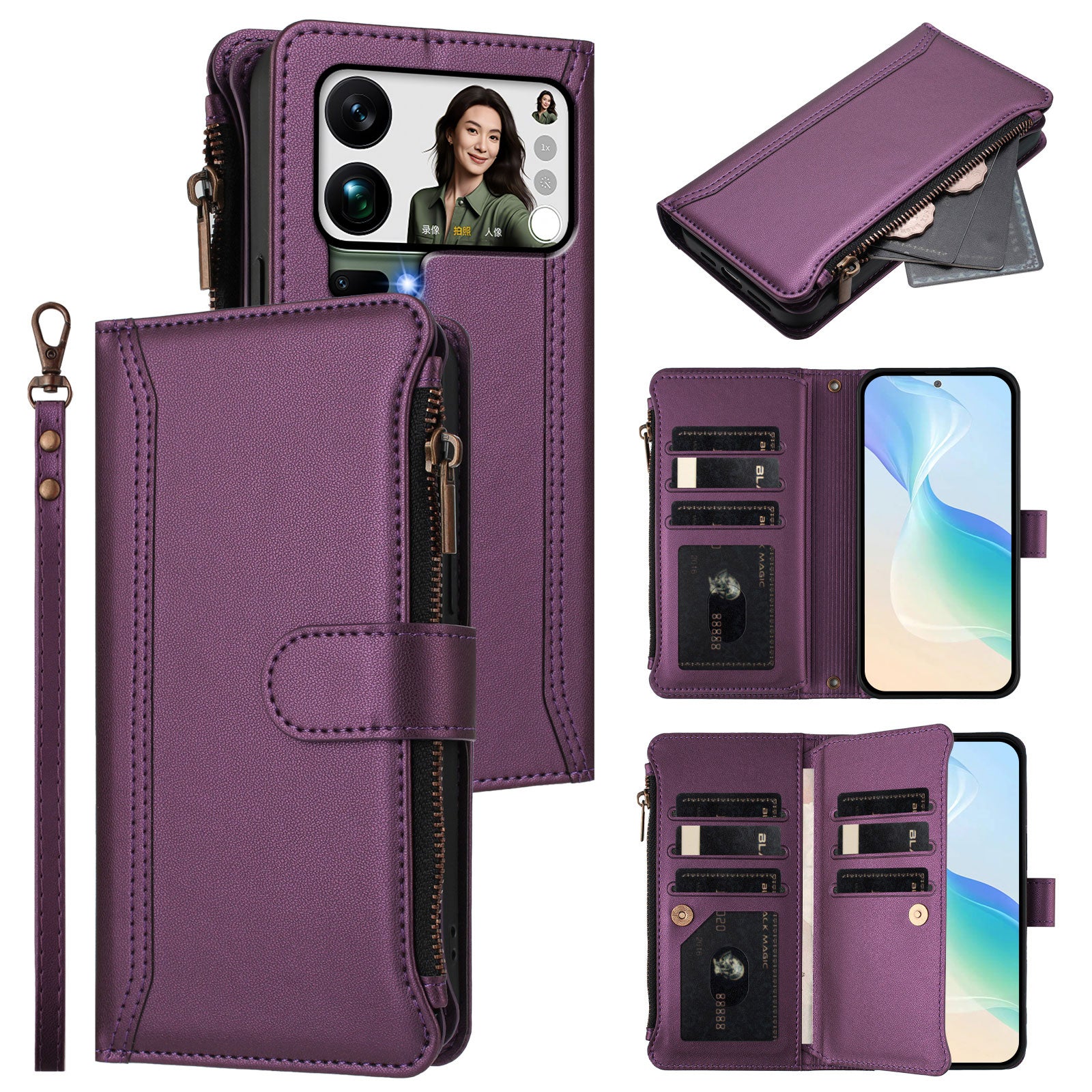 For Xiaomi 17 Pro Max Leather Case 9 Card Slots Zipper Wallet Stand Phone Cover with Wrist Strap - Purple