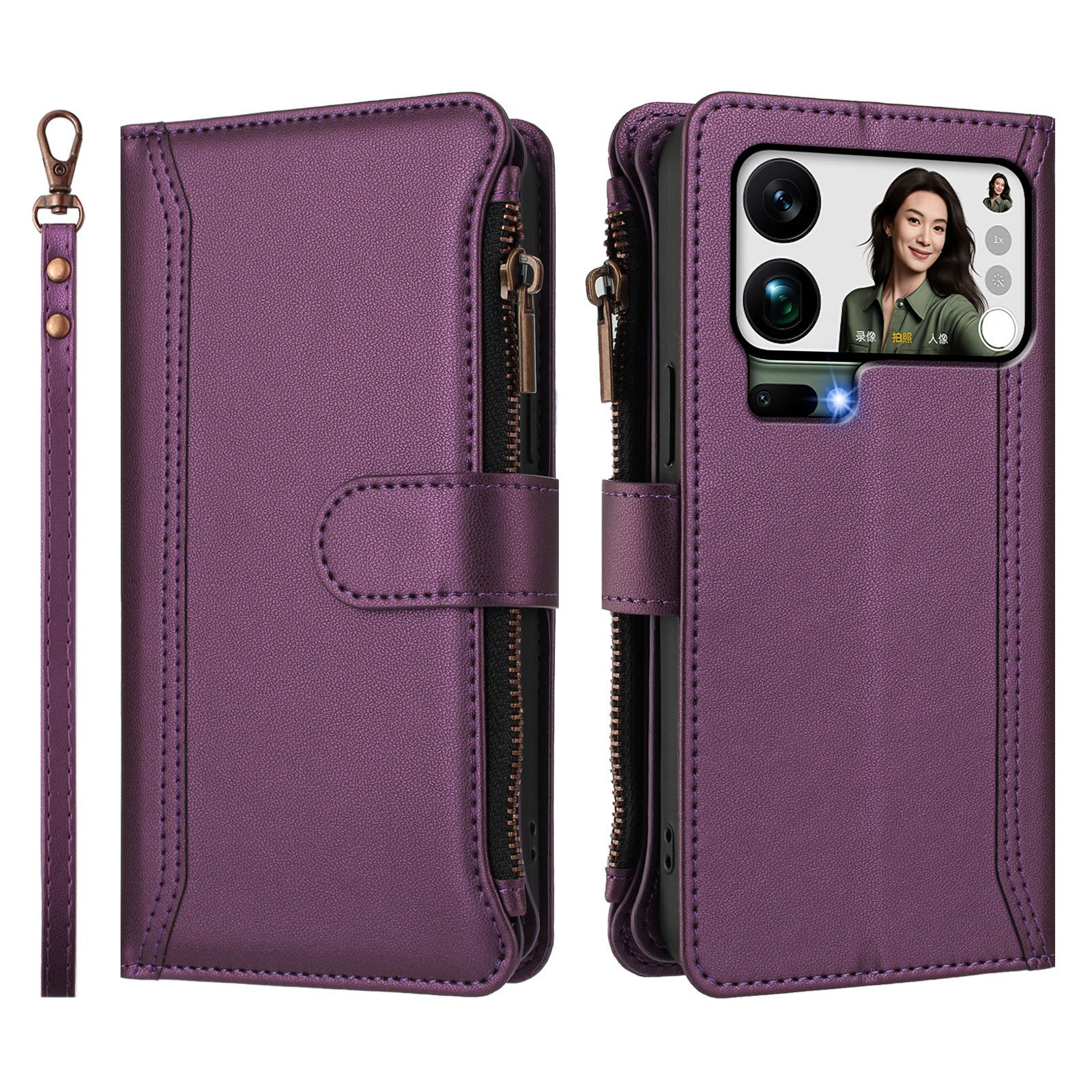 For Xiaomi 17 Pro Max Leather Case 9 Card Slots Zipper Wallet Stand Phone Cover with Wrist Strap - Purple