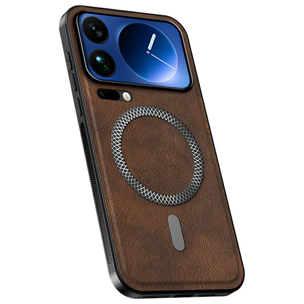 For Xiaomi 17 Pro Max Magnetic Case PU TPU PC Phone Back Cover with Metal Lens Frame - Brown