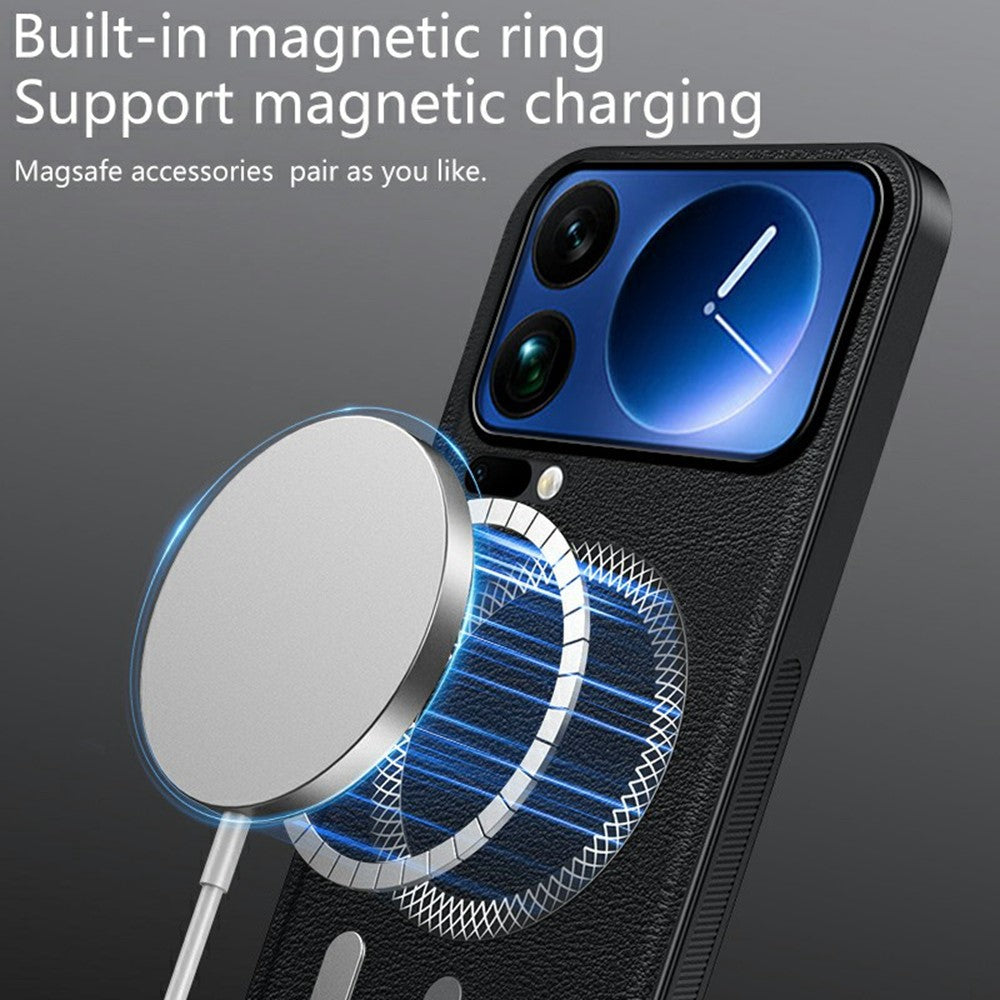 For Xiaomi 17 Pro Max Magnetic Case PU TPU PC Phone Back Cover with Metal Lens Frame - Brown
