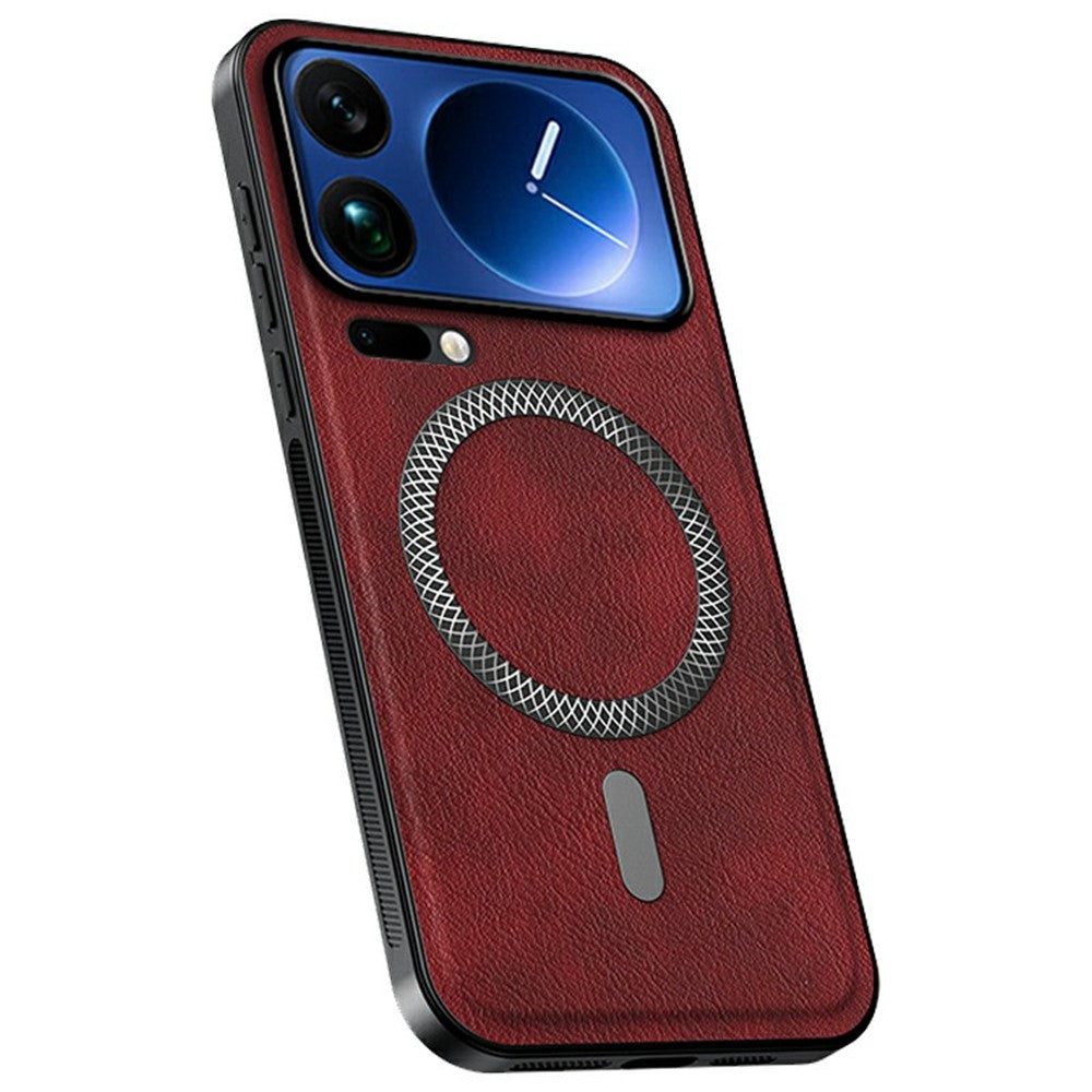 For Xiaomi 17 Pro Max Magnetic Case PU TPU PC Phone Back Cover with Metal Lens Frame - Wine Red