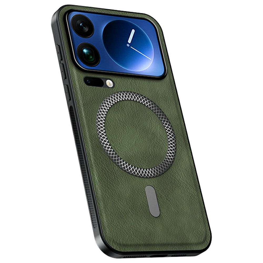 For Xiaomi 17 Pro Max Magnetic Case PU TPU PC Phone Back Cover with Metal Lens Frame - Green