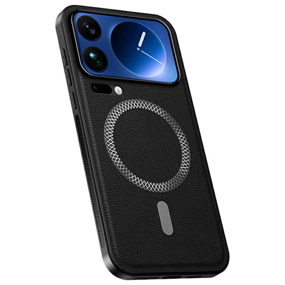 For Xiaomi 17 Pro Max Magnetic Case PU TPU PC Phone Back Cover with Metal Lens Frame - Black