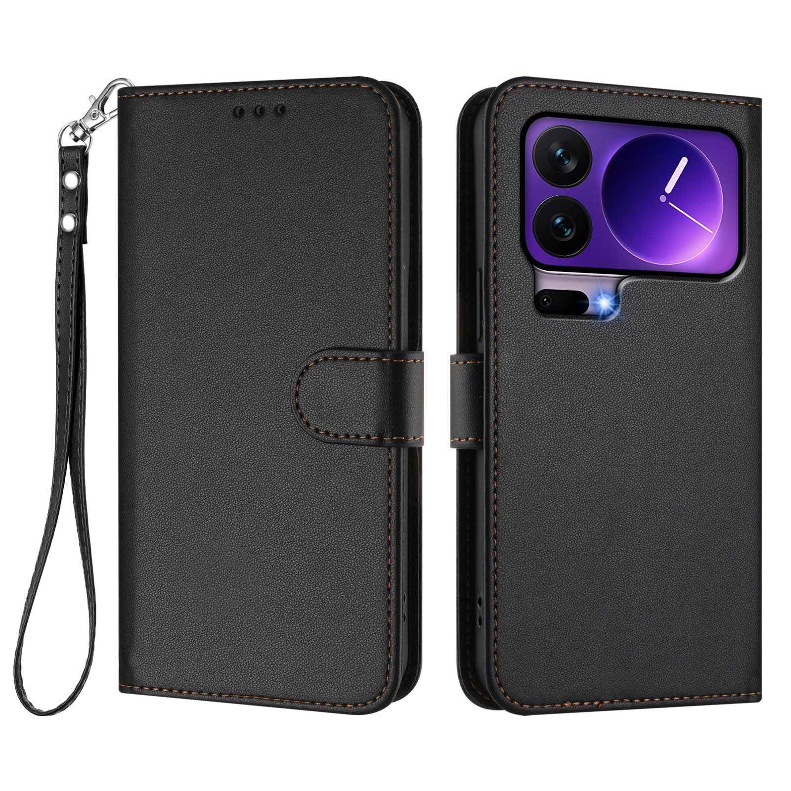 For Xiaomi 17 Pro Leather Case Wallet Stand Phone Cover with Wrist Strap - Black