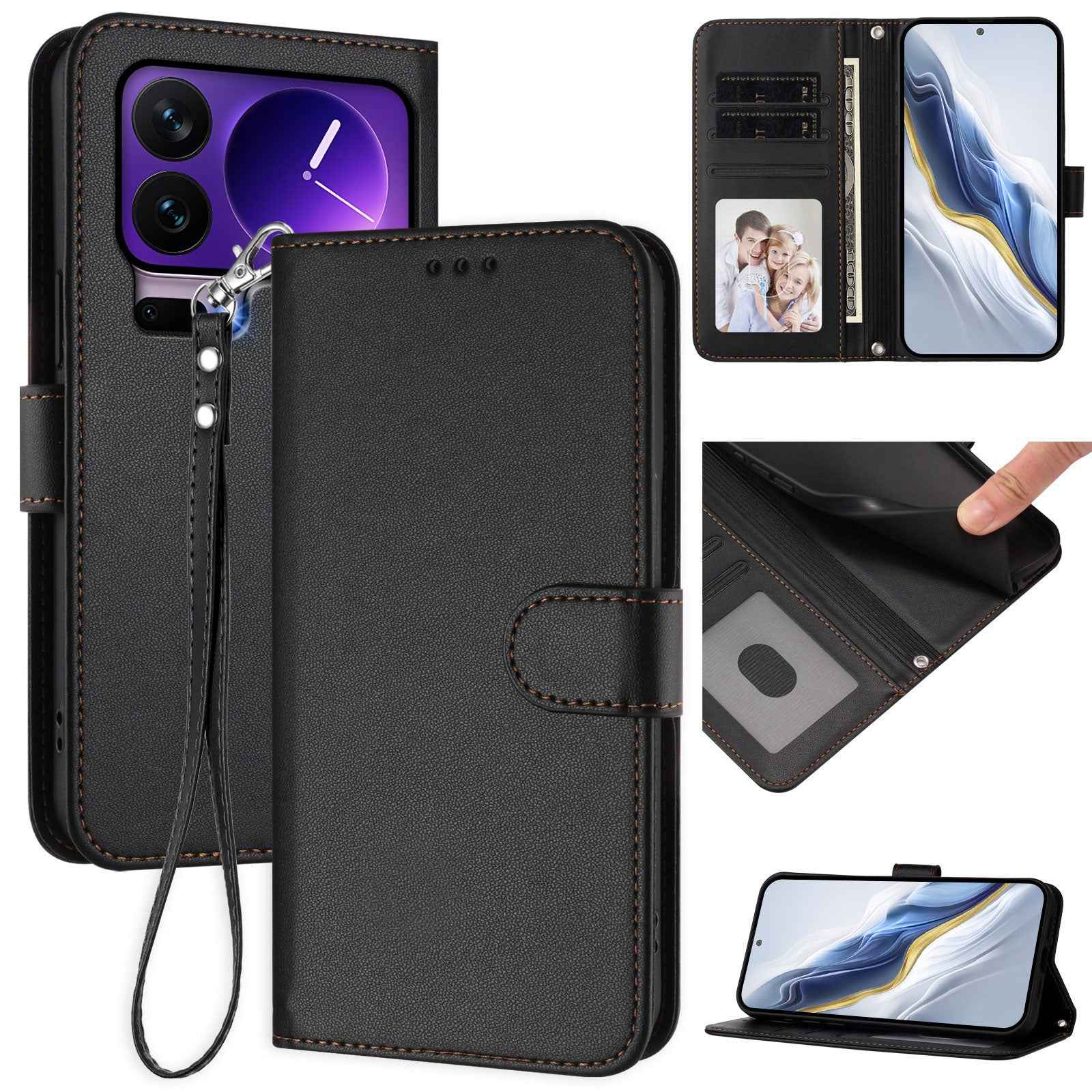 For Xiaomi 17 Pro Leather Case Wallet Stand Phone Cover with Wrist Strap - Black