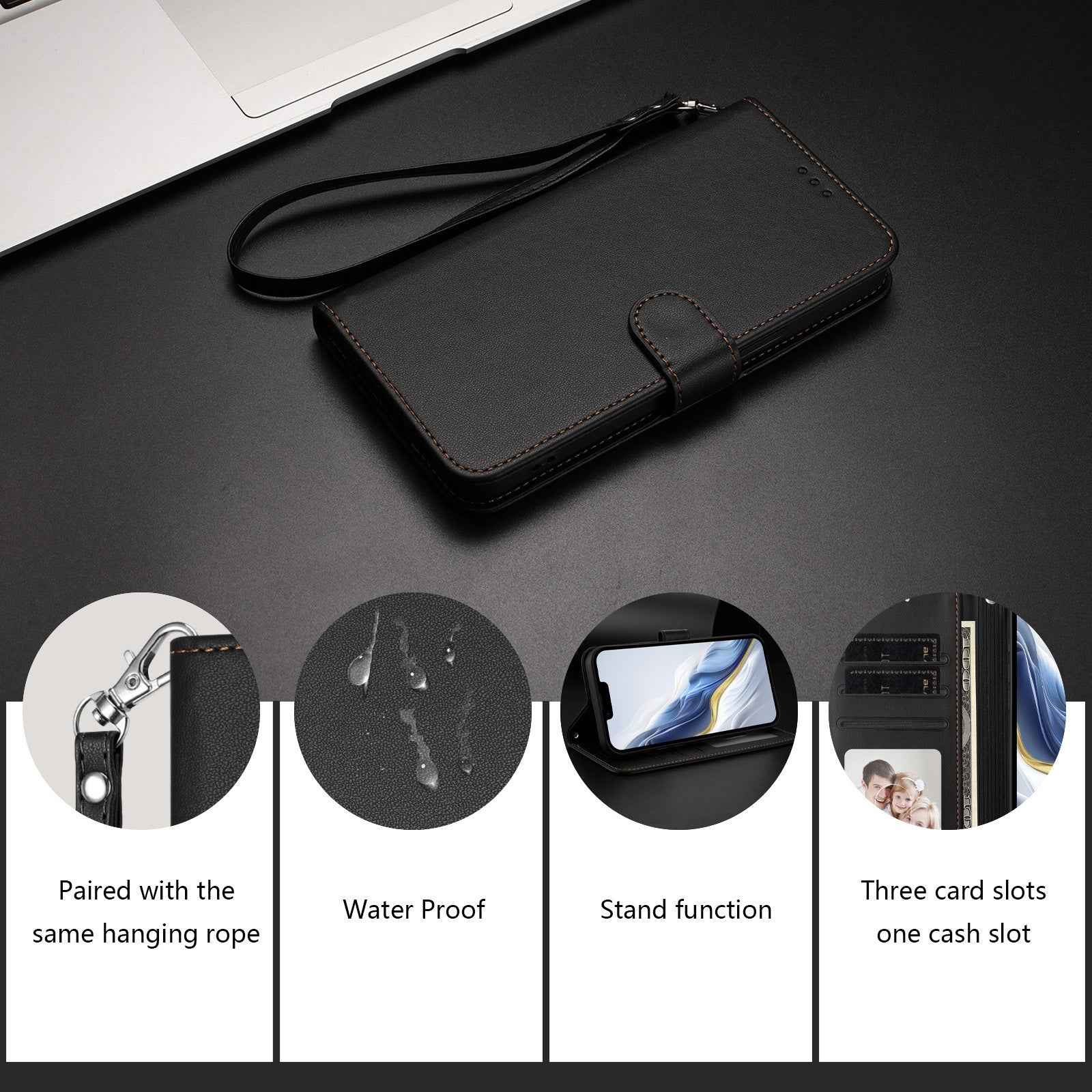 For Xiaomi 17 Pro Leather Case Wallet Stand Phone Cover with Wrist Strap - Black