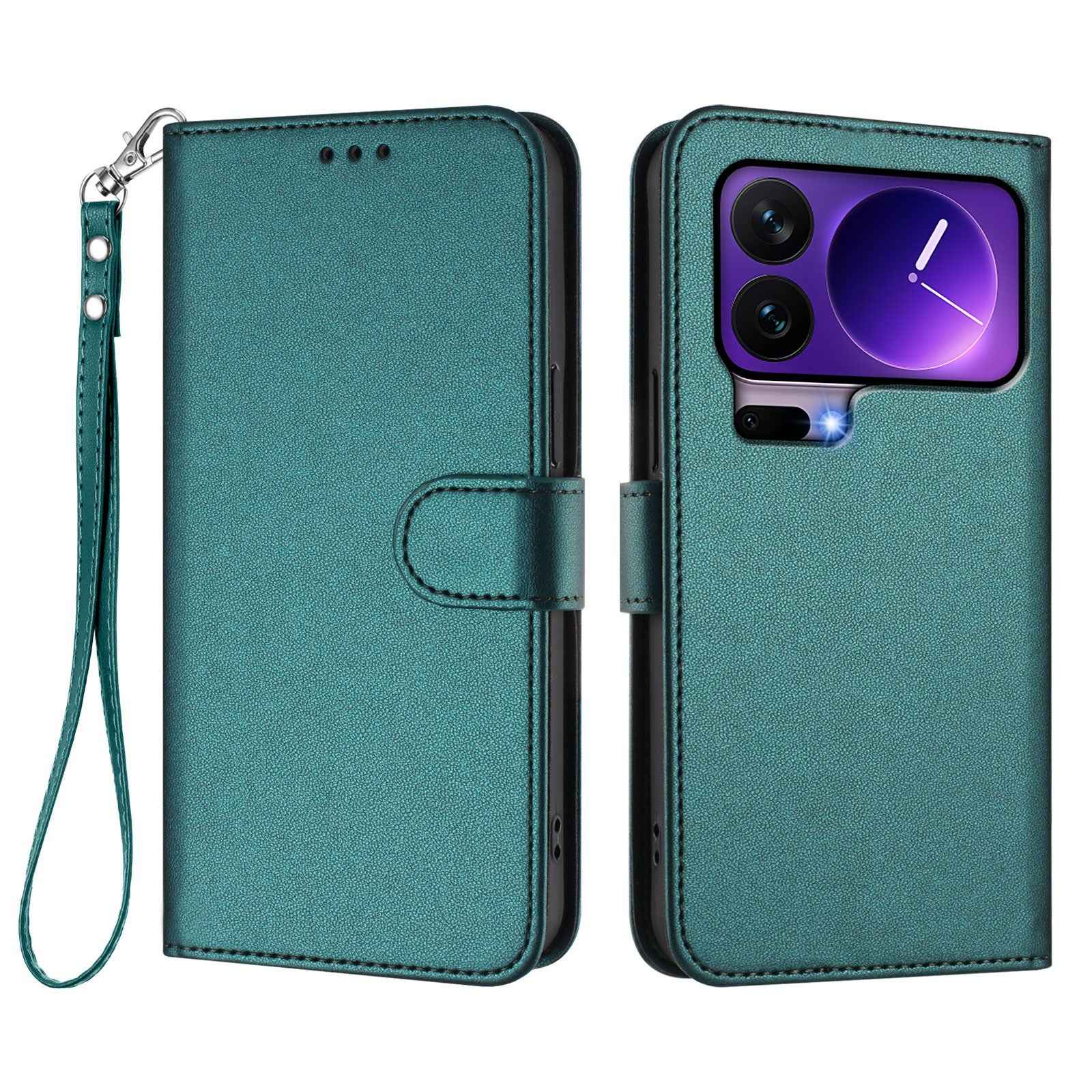 For Xiaomi 17 Pro Leather Case Wallet Stand Phone Cover with Wrist Strap - Green