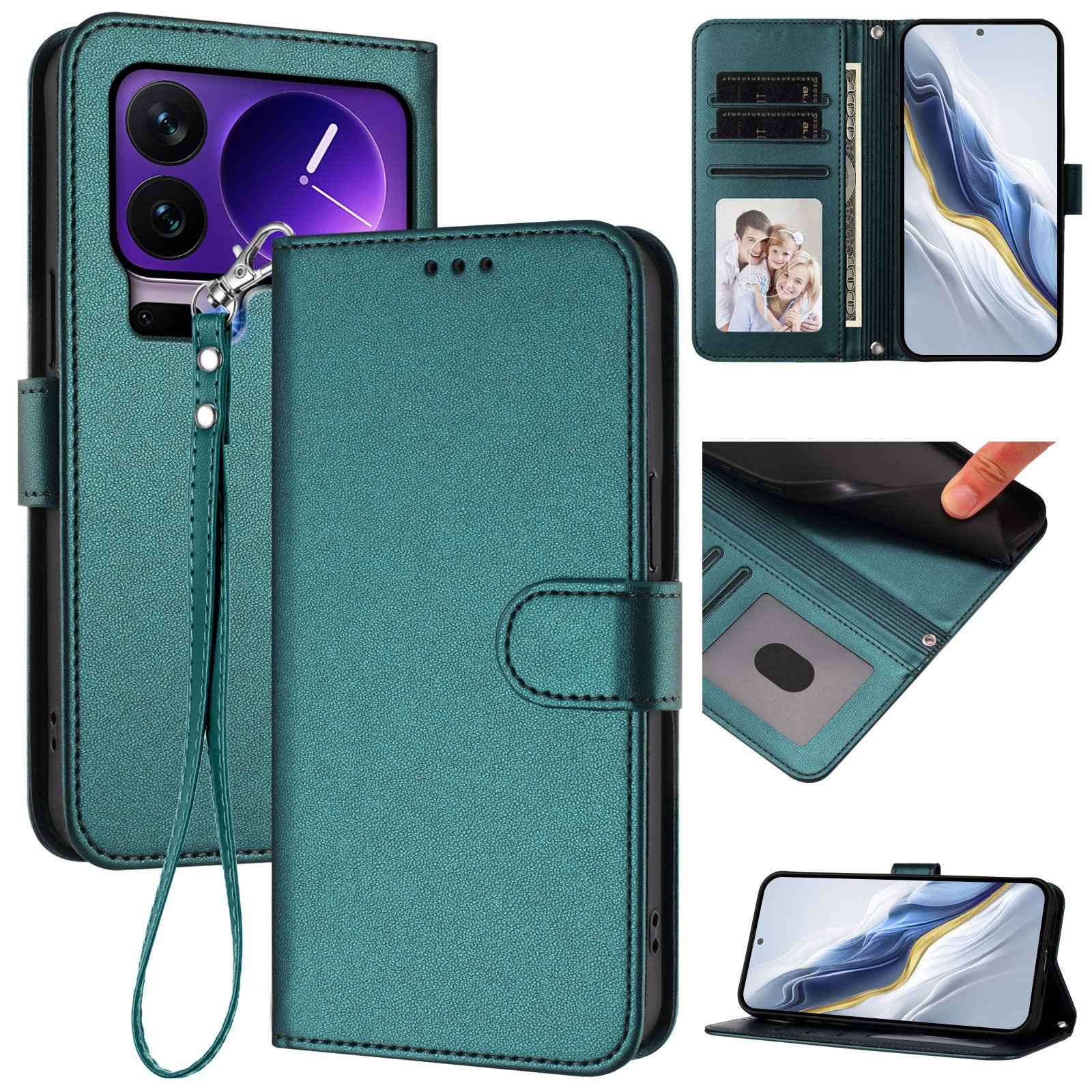 For Xiaomi 17 Pro Leather Case Wallet Stand Phone Cover with Wrist Strap - Green