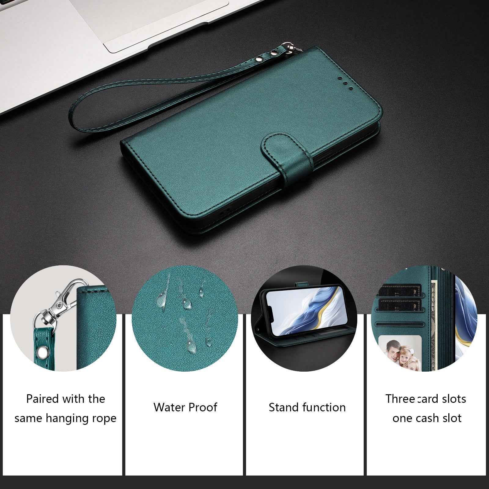 For Xiaomi 17 Pro Leather Case Wallet Stand Phone Cover with Wrist Strap - Green