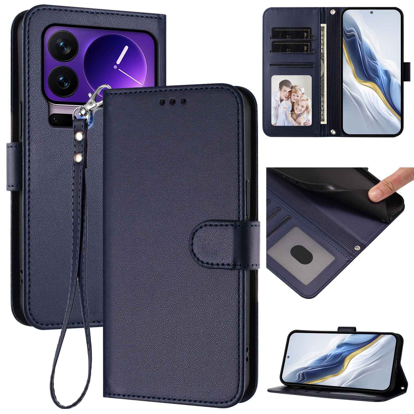 For Xiaomi 17 Pro Leather Case Wallet Stand Phone Cover with Wrist Strap - Blue