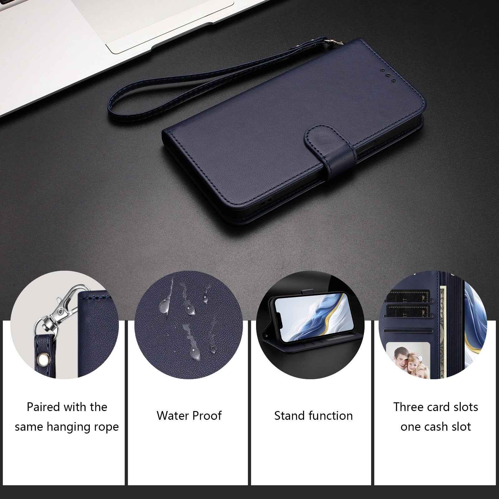 For Xiaomi 17 Pro Leather Case Wallet Stand Phone Cover with Wrist Strap - Blue