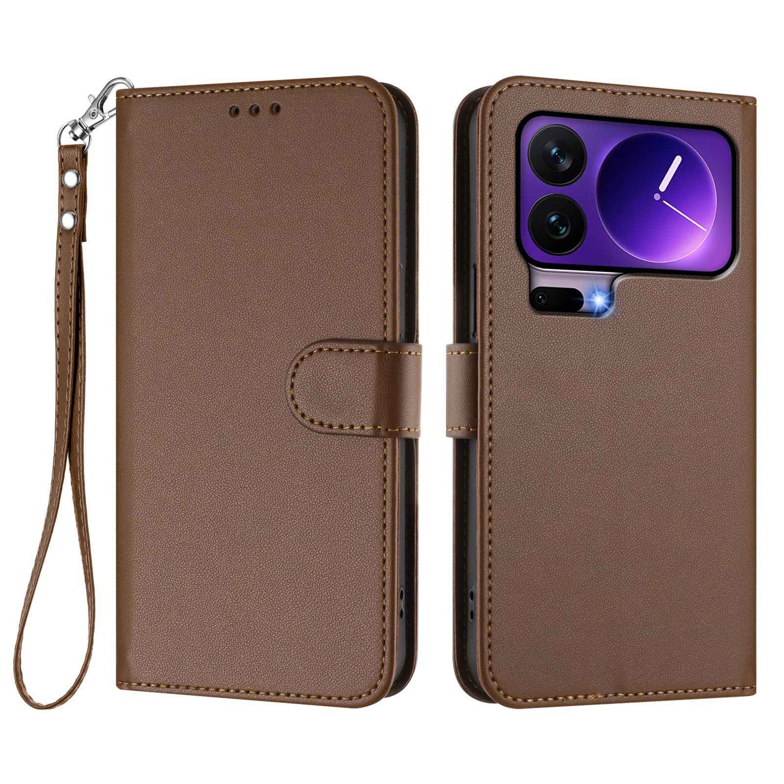For Xiaomi 17 Pro Leather Case Wallet Stand Phone Cover with Wrist Strap - Brown