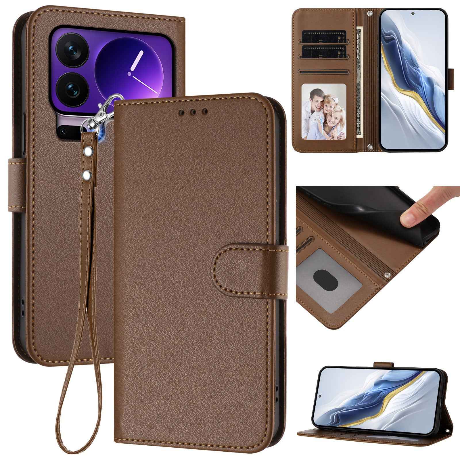 For Xiaomi 17 Pro Leather Case Wallet Stand Phone Cover with Wrist Strap - Brown
