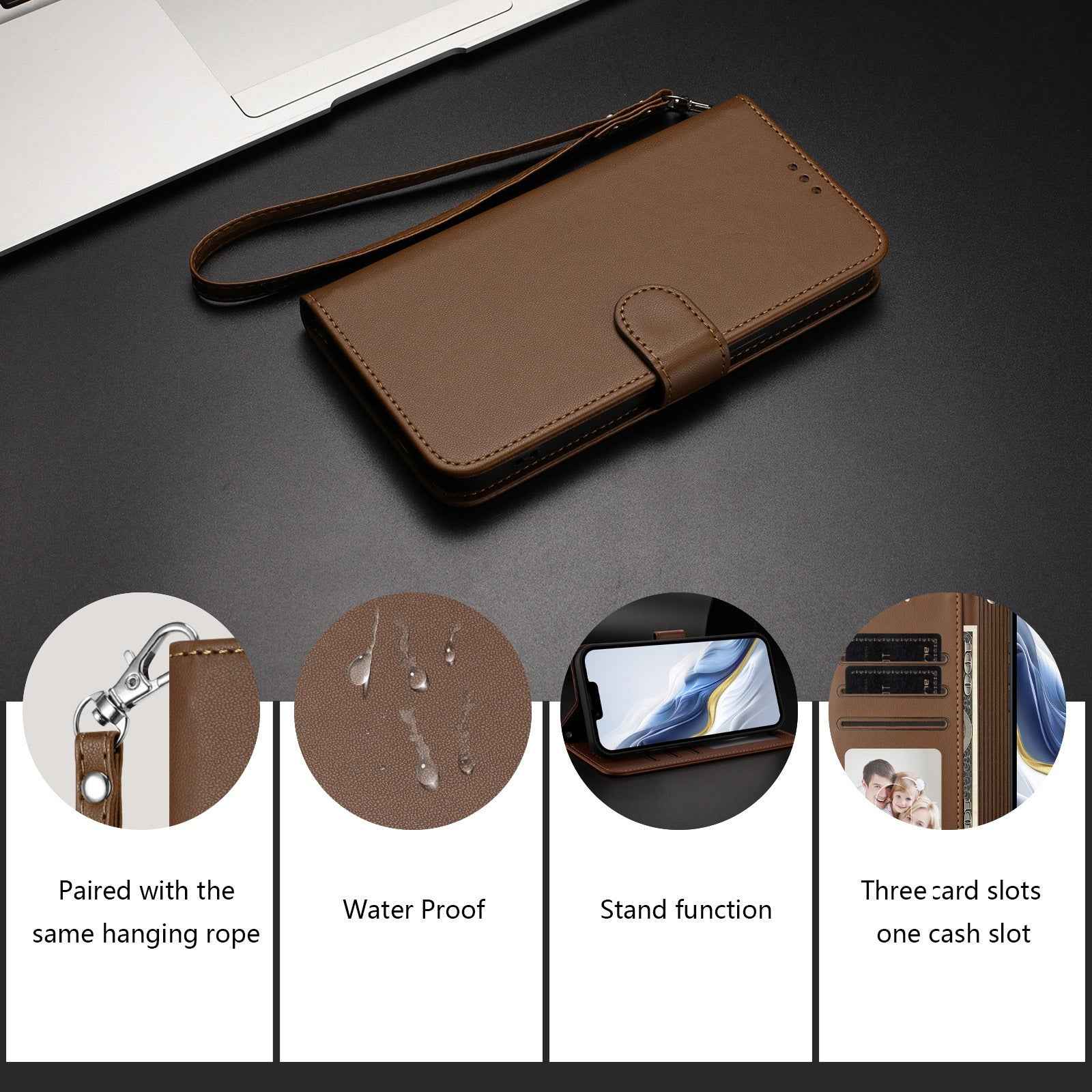For Xiaomi 17 Pro Leather Case Wallet Stand Phone Cover with Wrist Strap - Brown