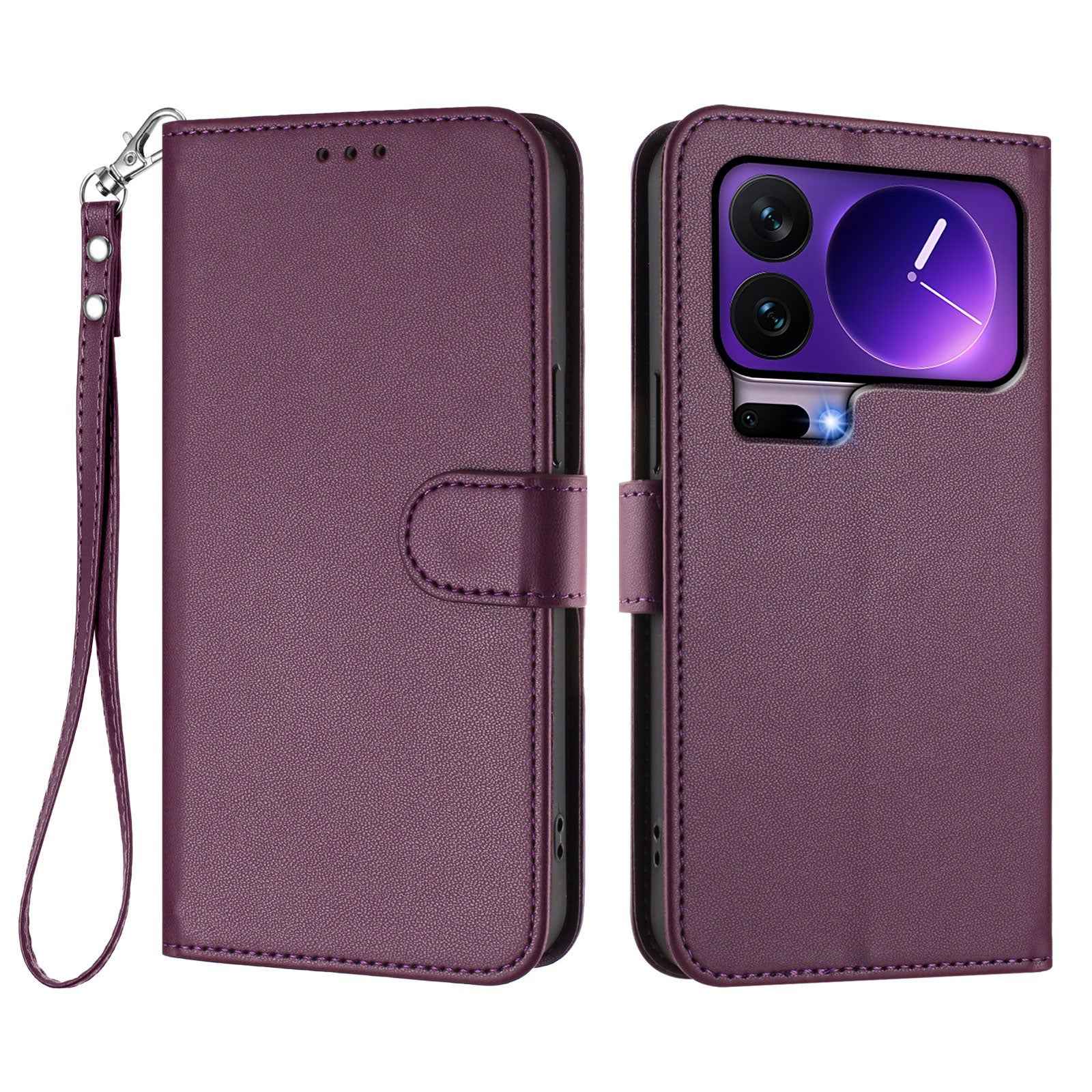 For Xiaomi 17 Pro Leather Case Wallet Stand Phone Cover with Wrist Strap - Purple