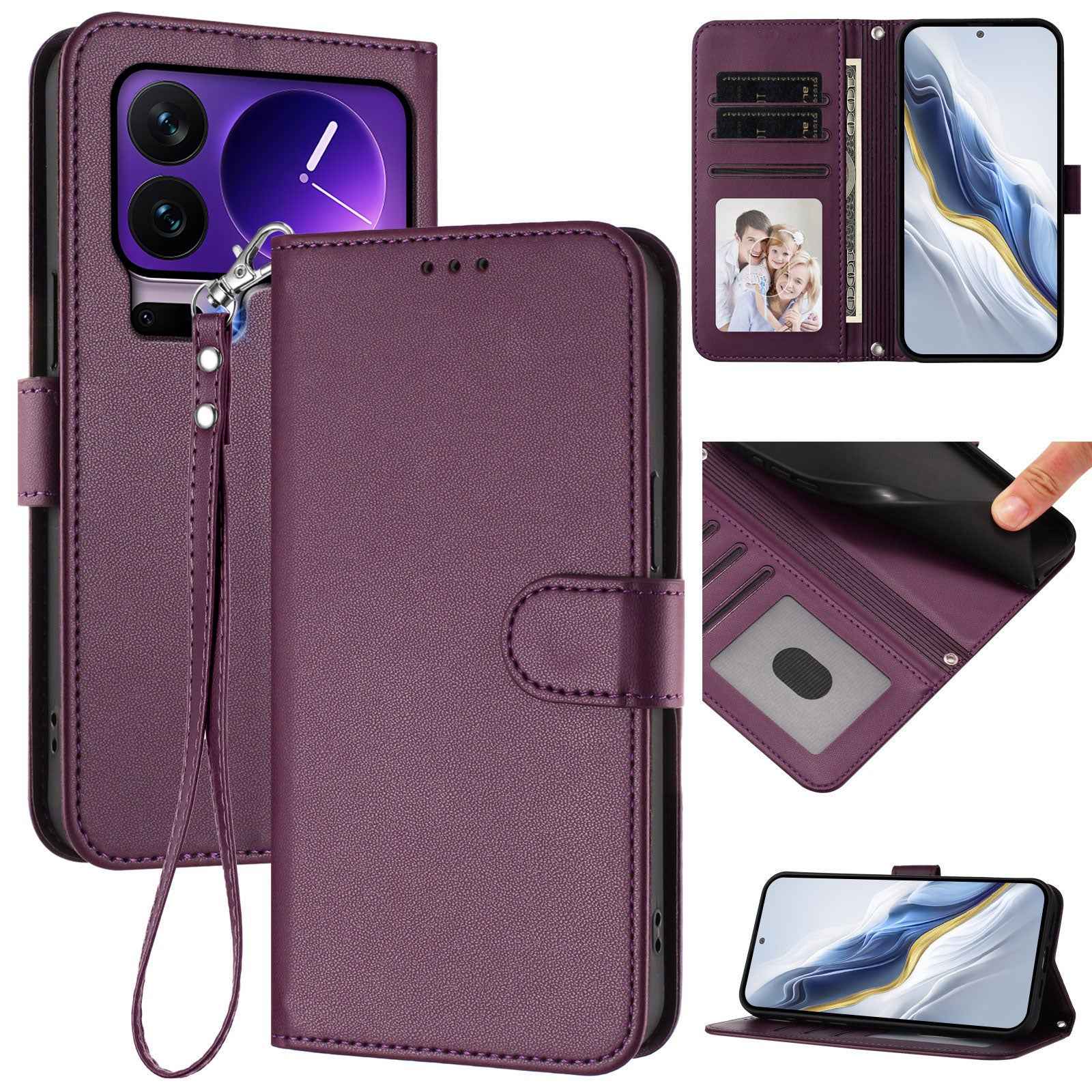 For Xiaomi 17 Pro Leather Case Wallet Stand Phone Cover with Wrist Strap - Purple