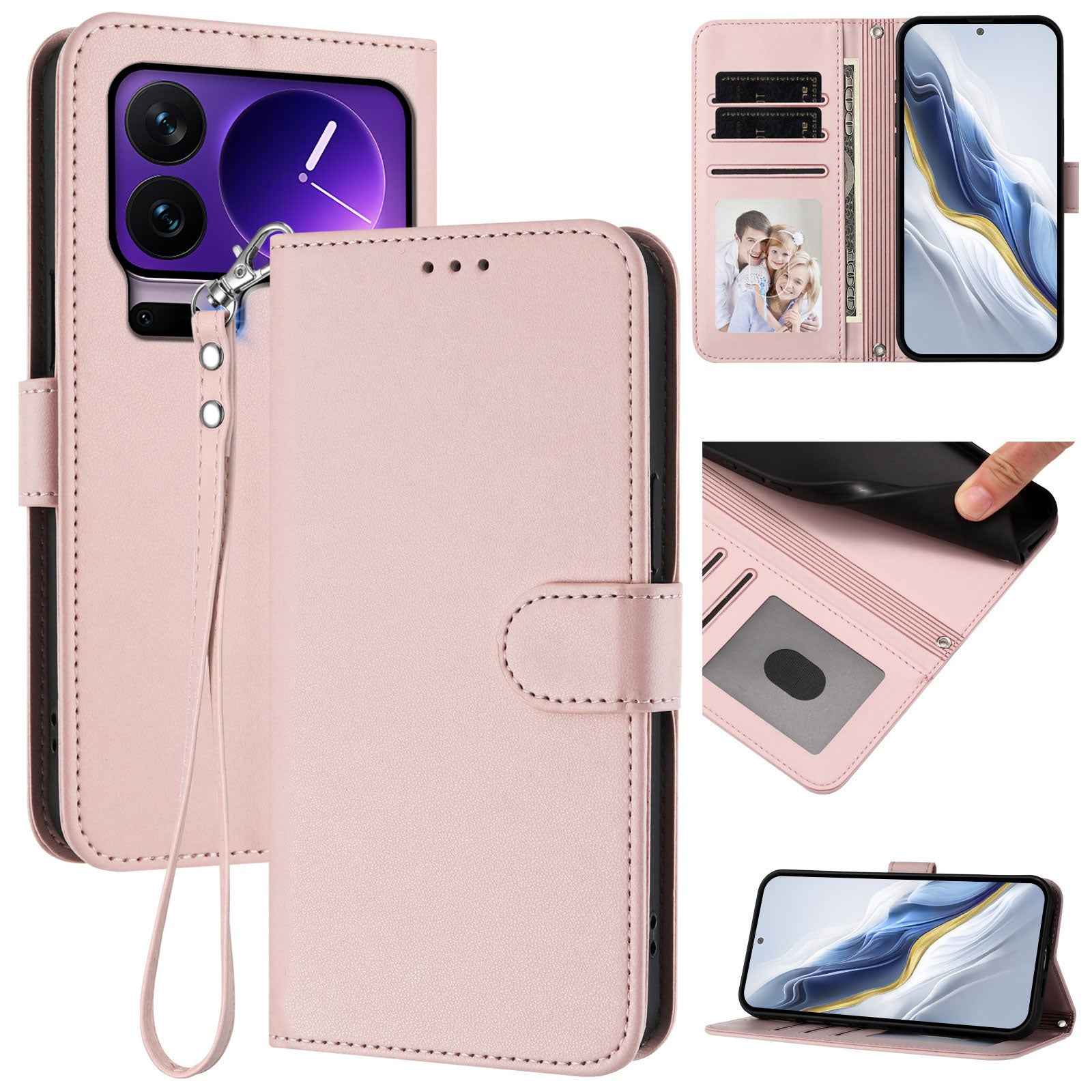 For Xiaomi 17 Pro Leather Case Wallet Stand Phone Cover with Wrist Strap - Pink