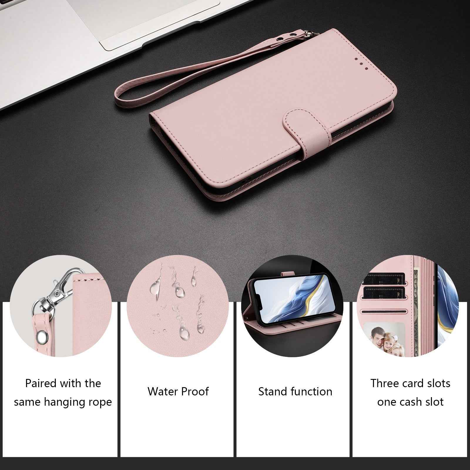 For Xiaomi 17 Pro Leather Case Wallet Stand Phone Cover with Wrist Strap - Pink