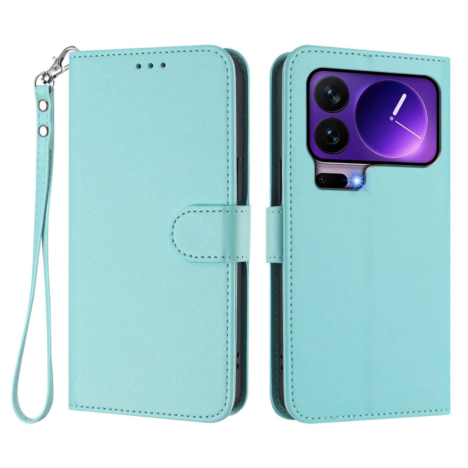For Xiaomi 17 Pro Leather Case Wallet Stand Phone Cover with Wrist Strap - Mint Green