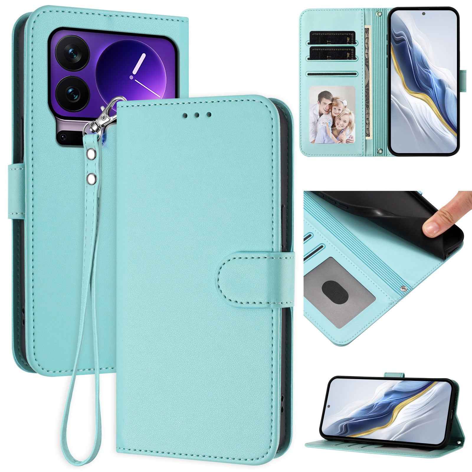 For Xiaomi 17 Pro Leather Case Wallet Stand Phone Cover with Wrist Strap - Mint Green