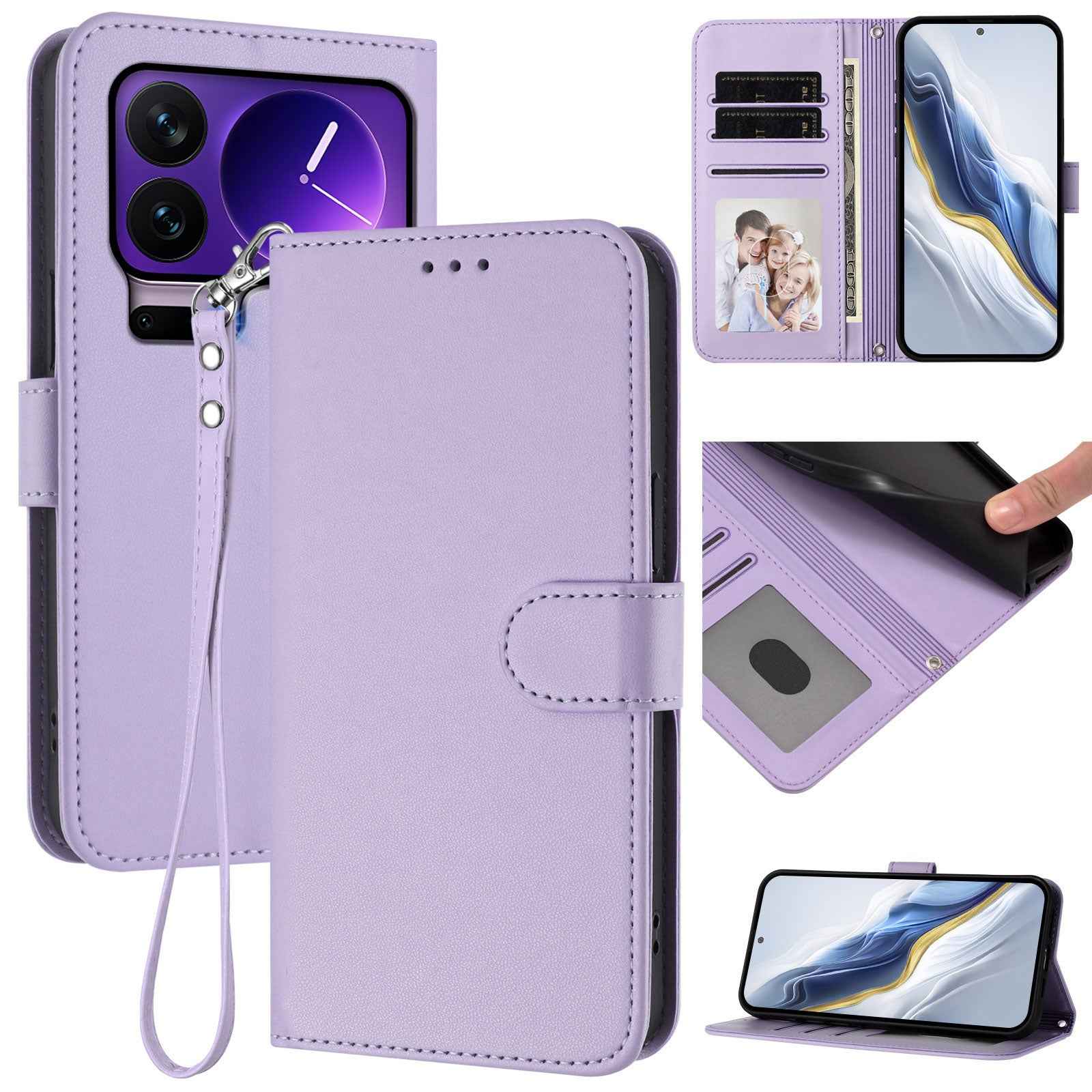 For Xiaomi 17 Pro Leather Case Wallet Stand Phone Cover with Wrist Strap - Light Purple