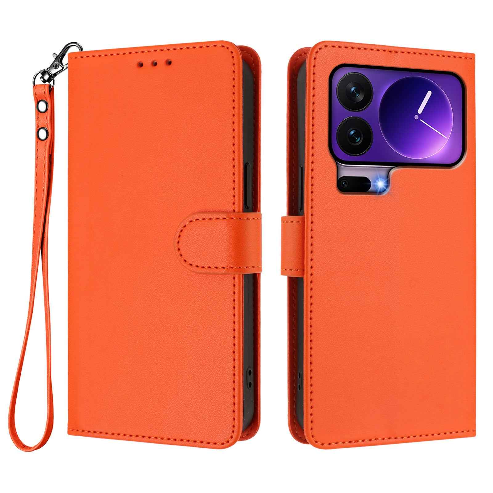 For Xiaomi 17 Pro Leather Case Wallet Stand Phone Cover with Wrist Strap - Orange