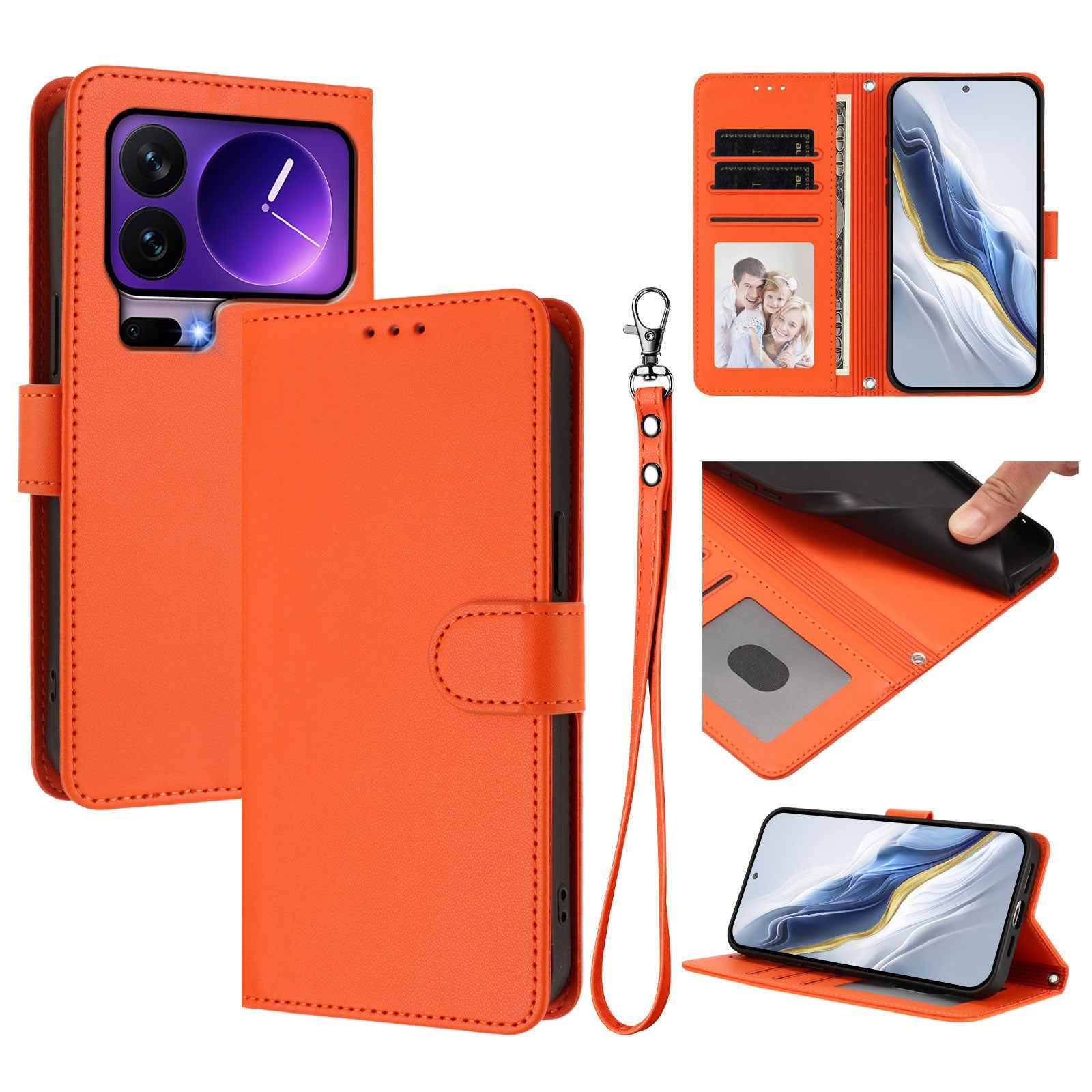 For Xiaomi 17 Pro Leather Case Wallet Stand Phone Cover with Wrist Strap - Orange