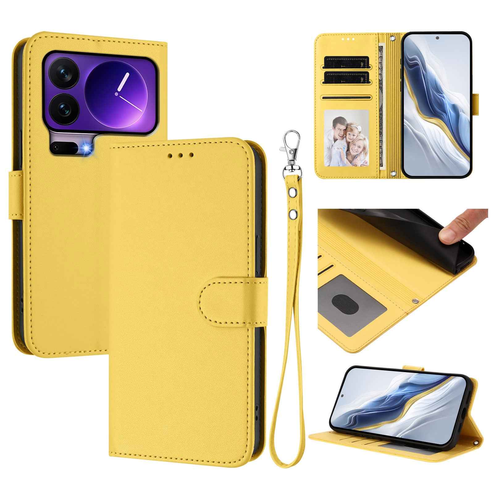 For Xiaomi 17 Pro Leather Case Wallet Stand Phone Cover with Wrist Strap - Yellow