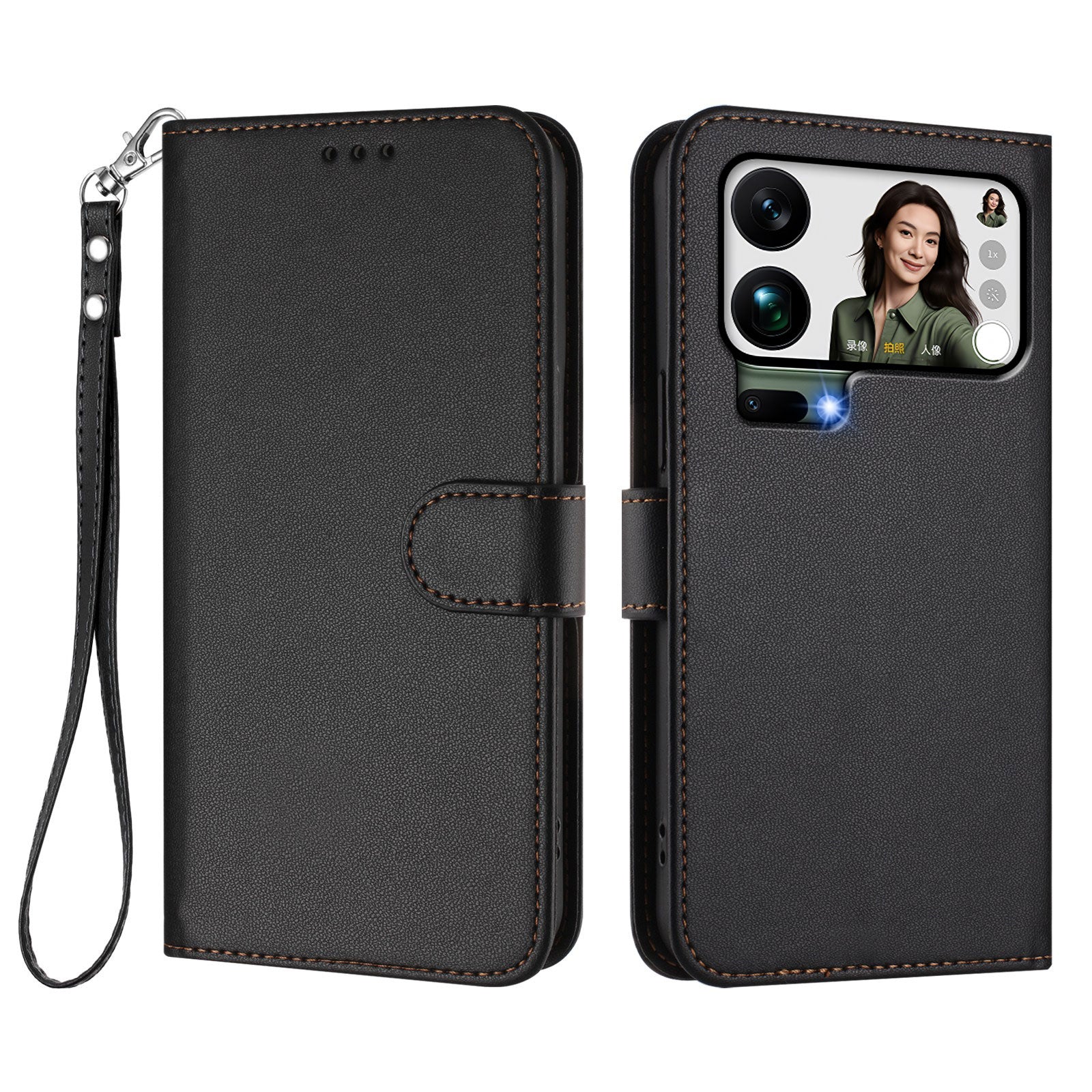 For Xiaomi 17 Pro Max Leather Case Wallet Stand Phone Cover with Wrist Strap - Black