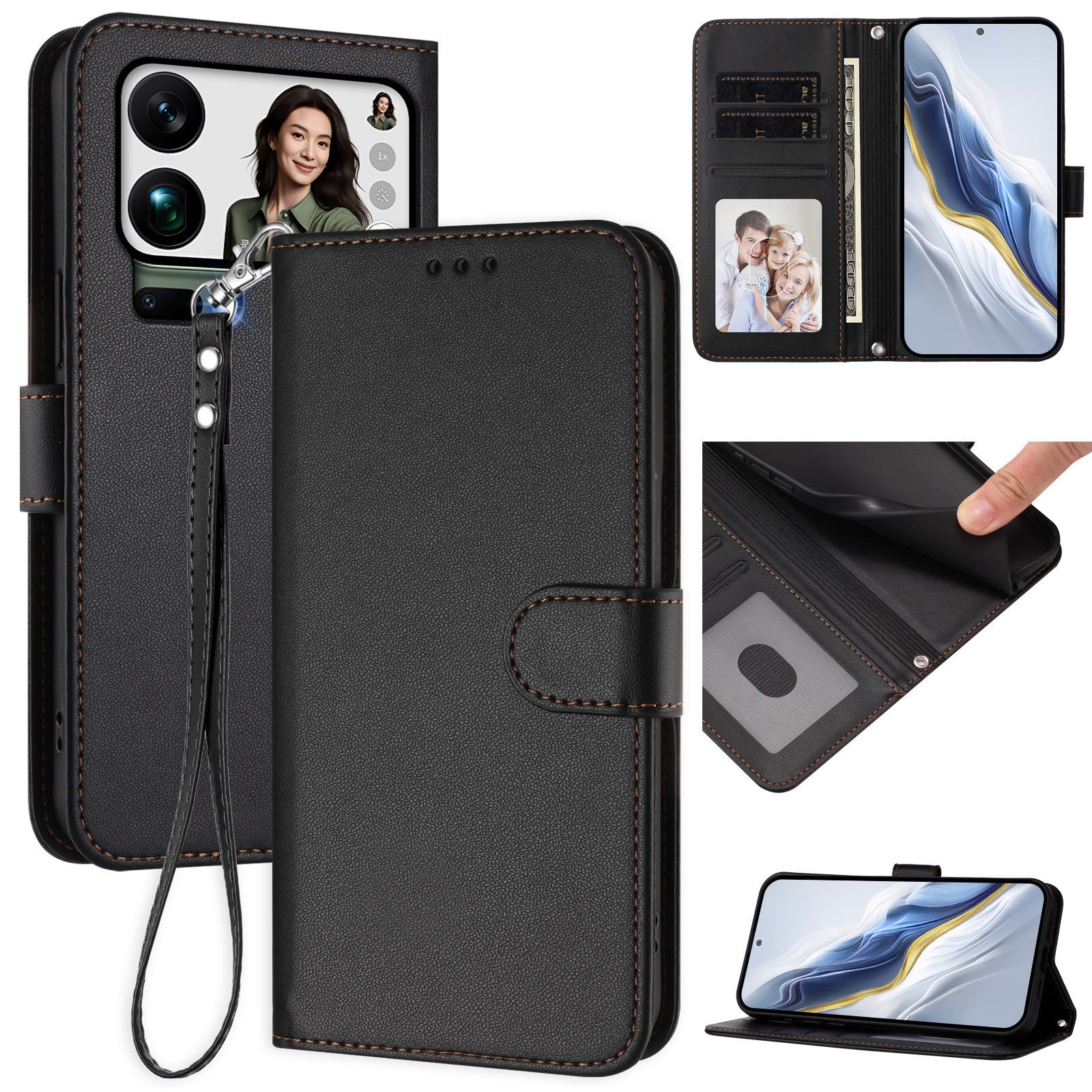 For Xiaomi 17 Pro Max Leather Case Wallet Stand Phone Cover with Wrist Strap - Black