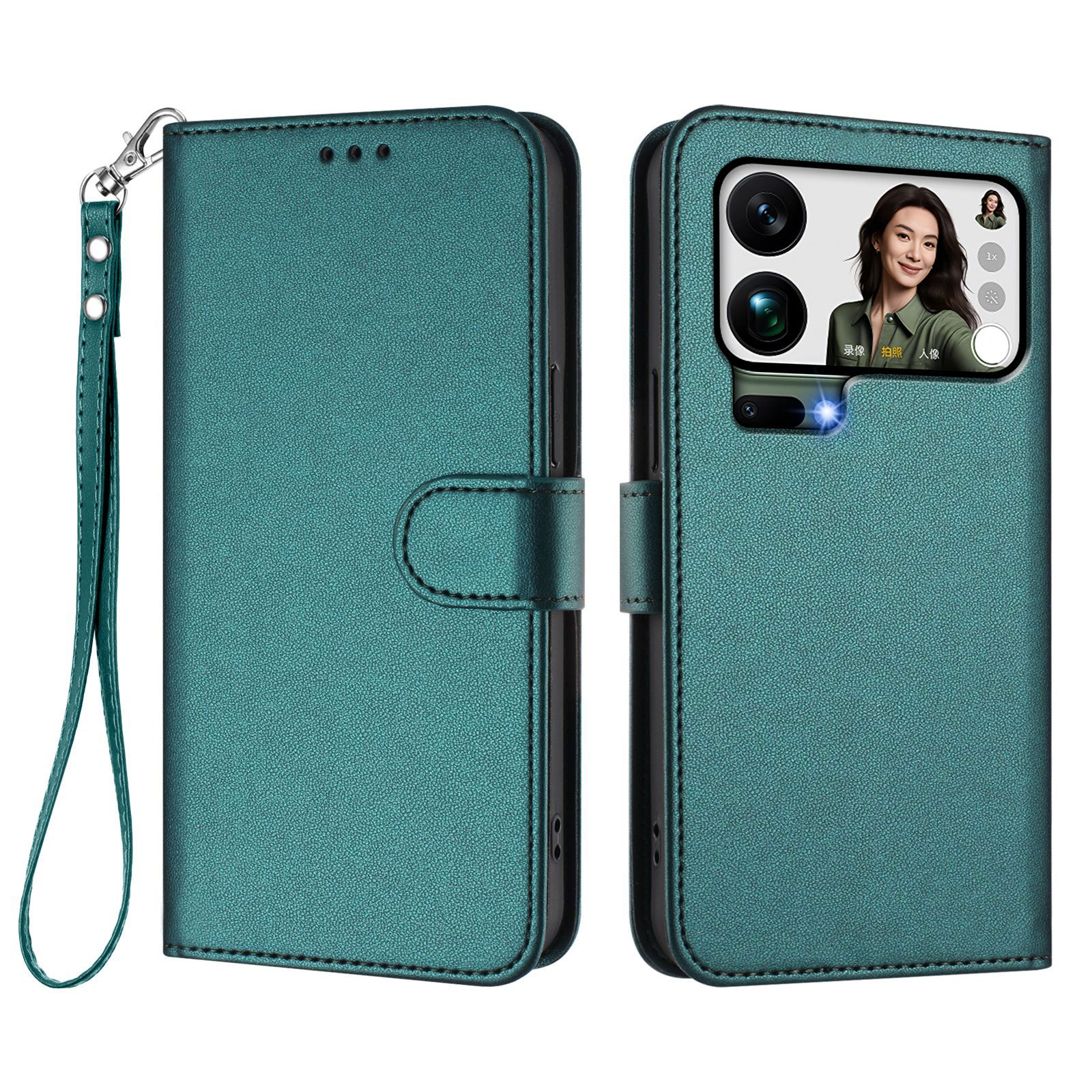 For Xiaomi 17 Pro Max Leather Case Wallet Stand Phone Cover with Wrist Strap - Green