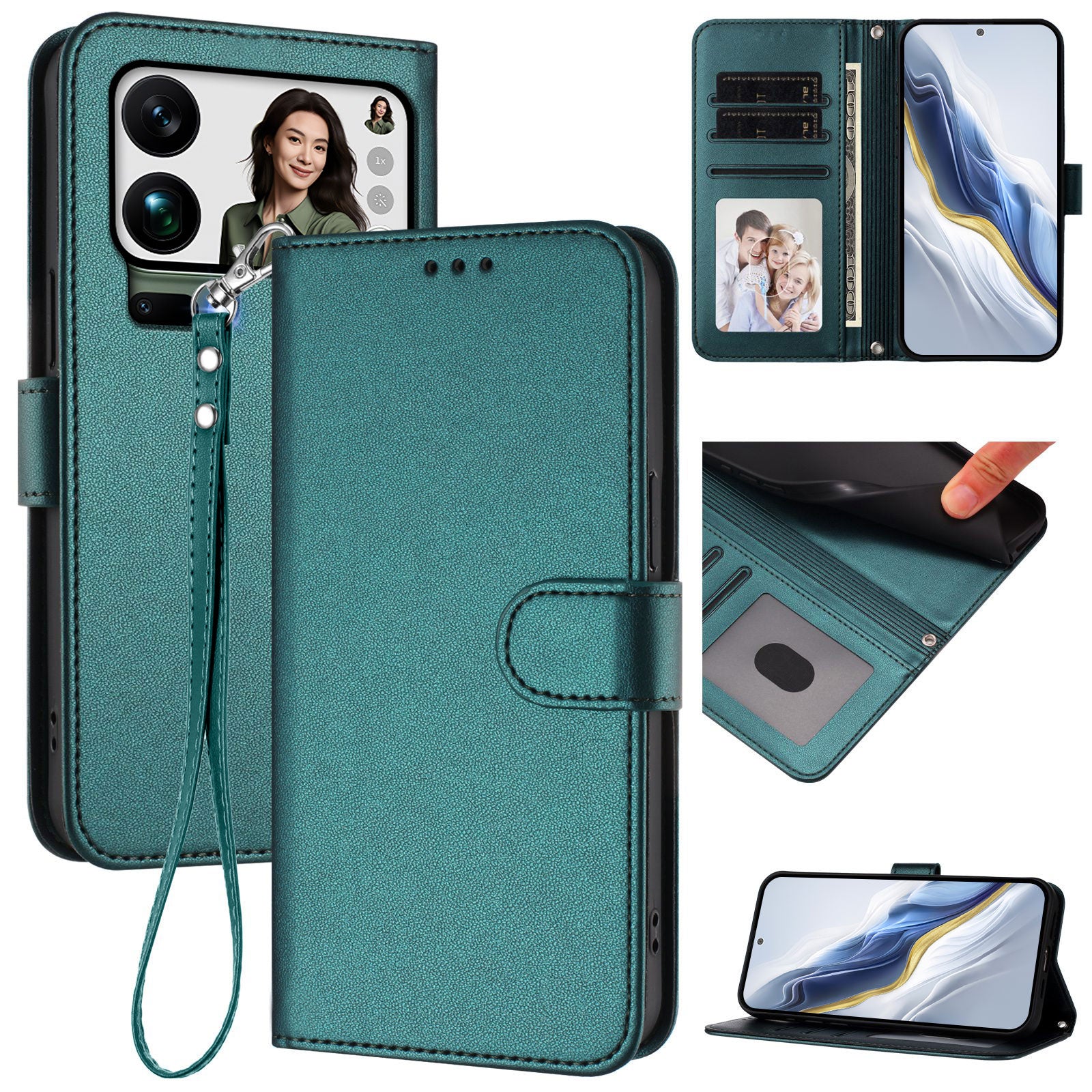For Xiaomi 17 Pro Max Leather Case Wallet Stand Phone Cover with Wrist Strap - Green