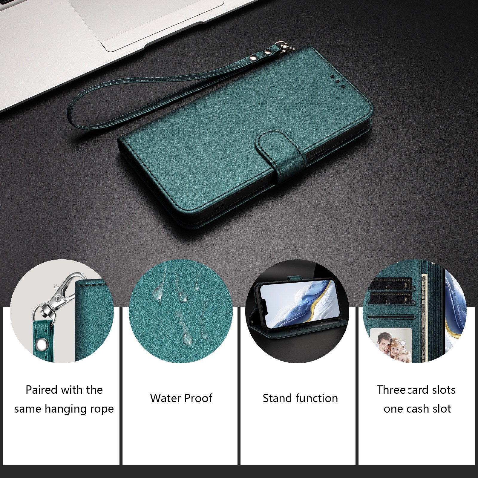 For Xiaomi 17 Pro Max Leather Case Wallet Stand Phone Cover with Wrist Strap - Green