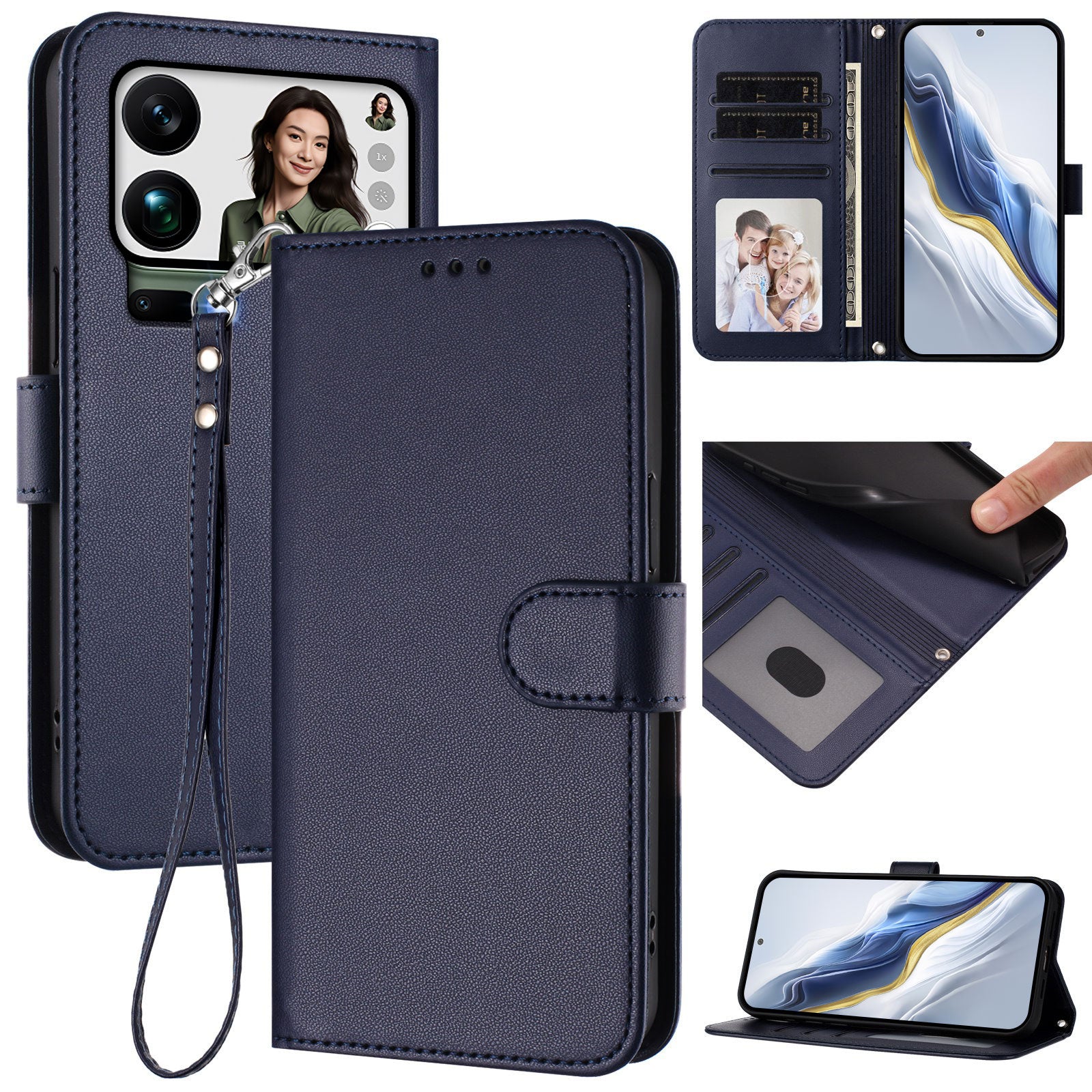 For Xiaomi 17 Pro Max Leather Case Wallet Stand Phone Cover with Wrist Strap - Blue