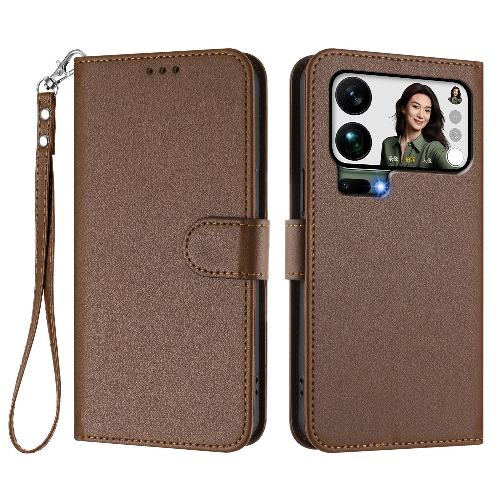 For Xiaomi 17 Pro Max Leather Case Wallet Stand Phone Cover with Wrist Strap - Brown