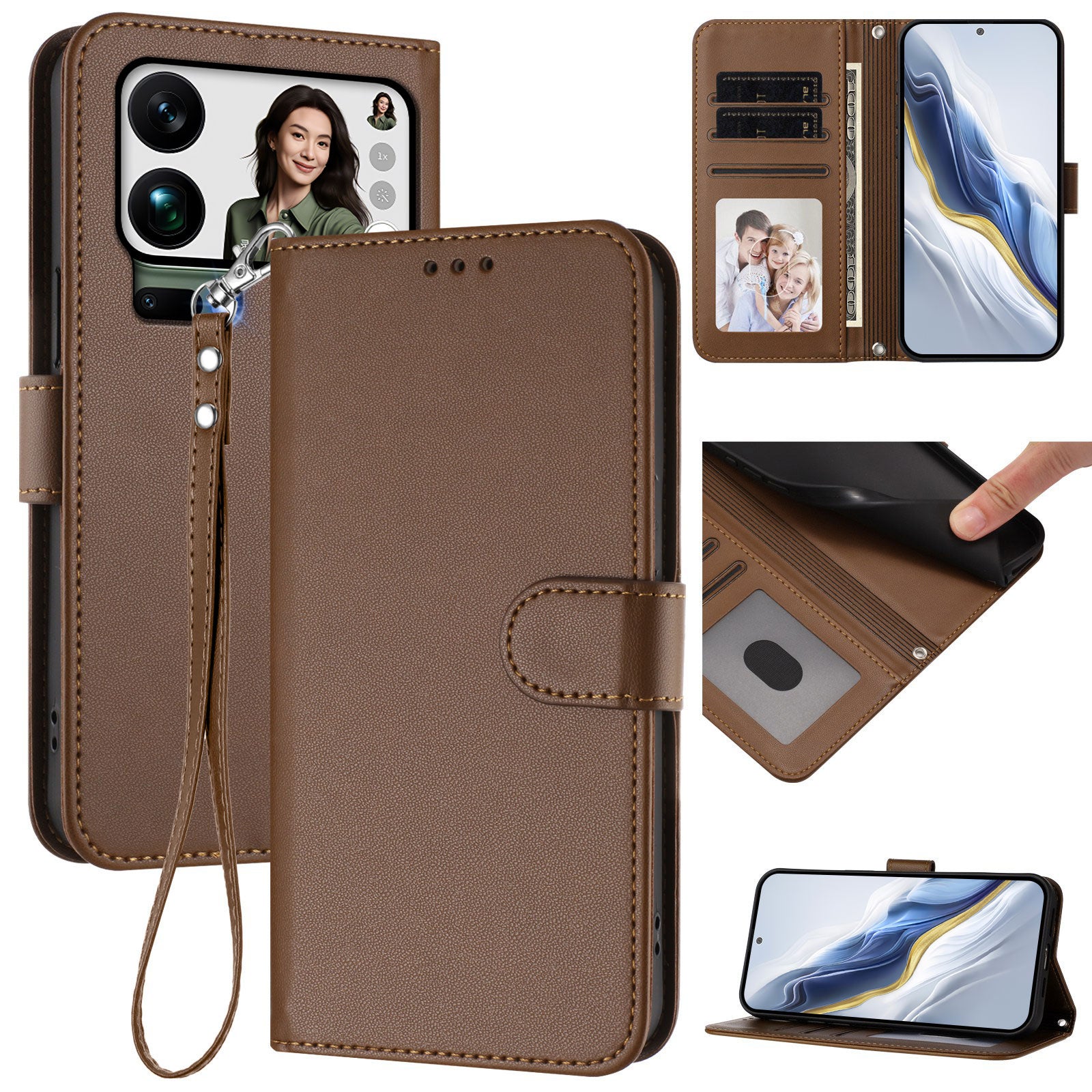 For Xiaomi 17 Pro Max Leather Case Wallet Stand Phone Cover with Wrist Strap - Brown