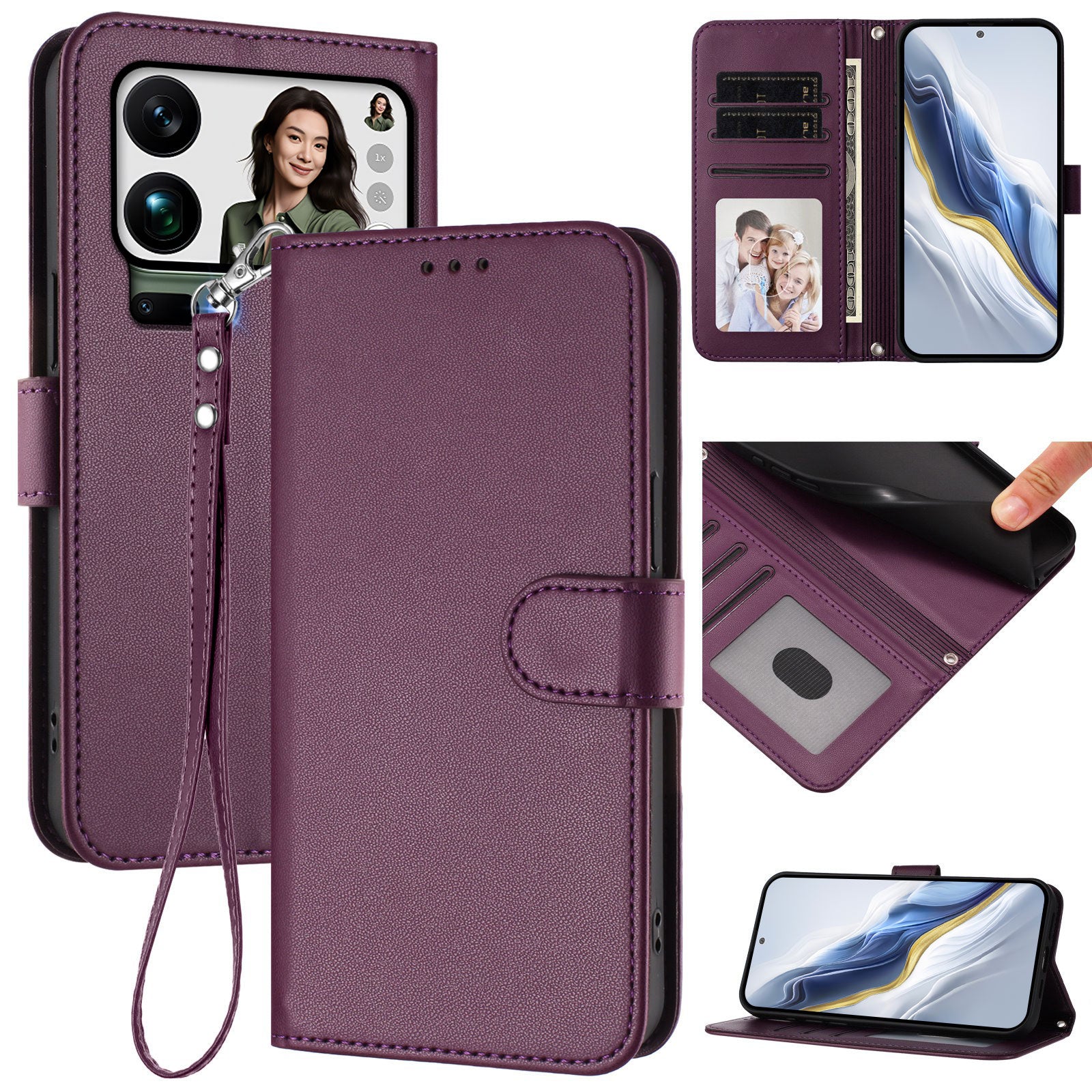 For Xiaomi 17 Pro Max Leather Case Wallet Stand Phone Cover with Wrist Strap - Purple