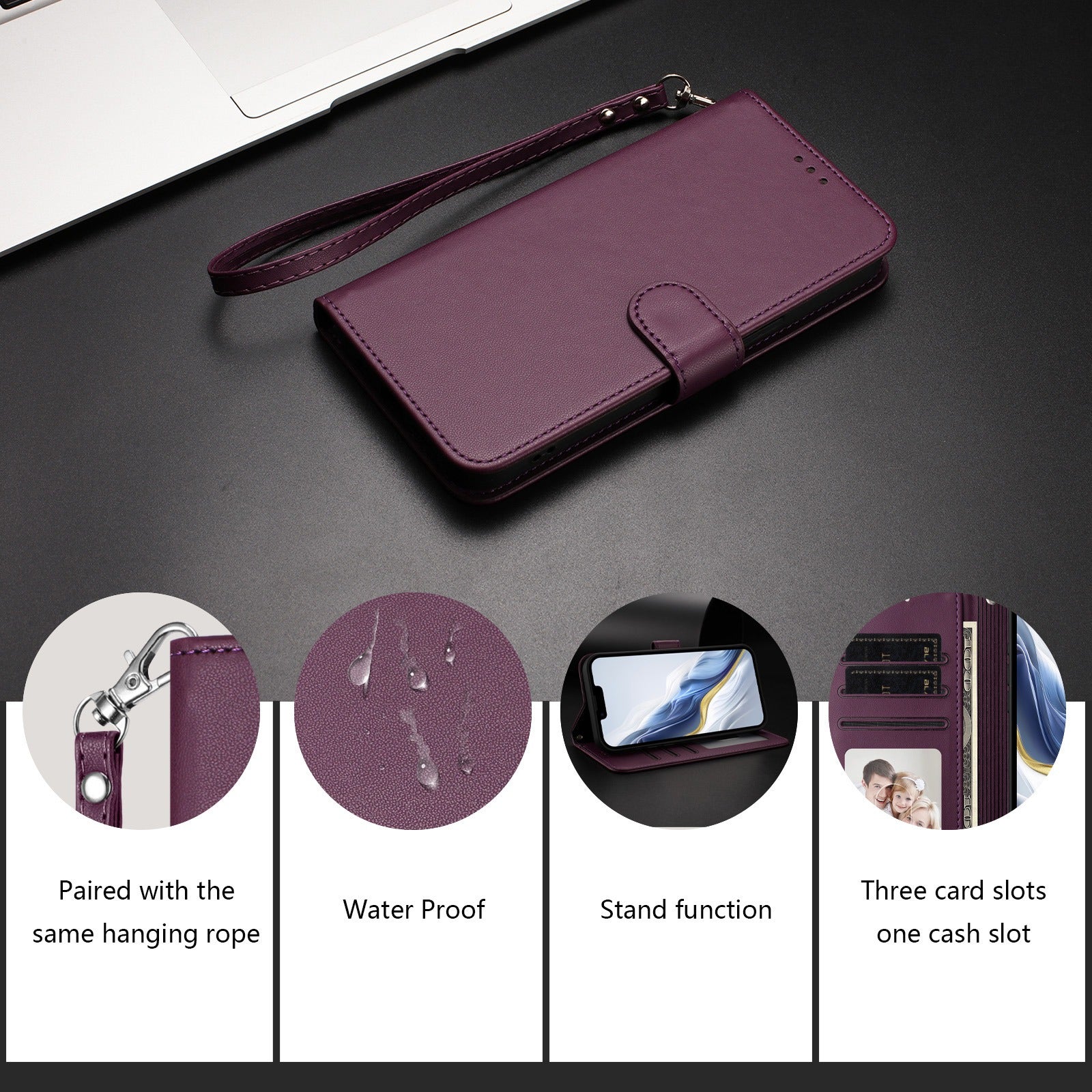 For Xiaomi 17 Pro Max Leather Case Wallet Stand Phone Cover with Wrist Strap - Purple