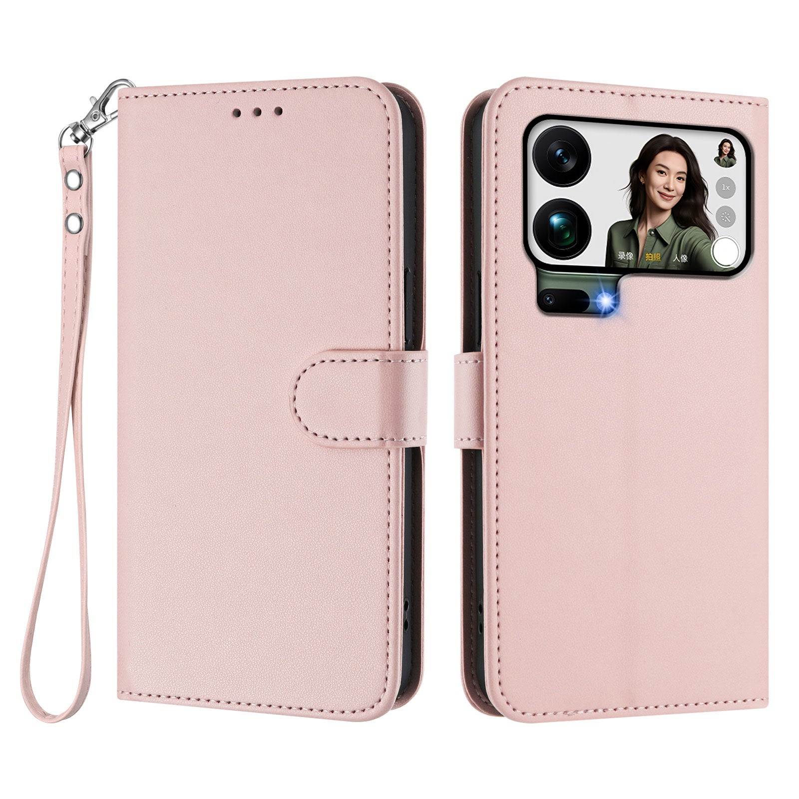 For Xiaomi 17 Pro Max Leather Case Wallet Stand Phone Cover with Wrist Strap - Pink