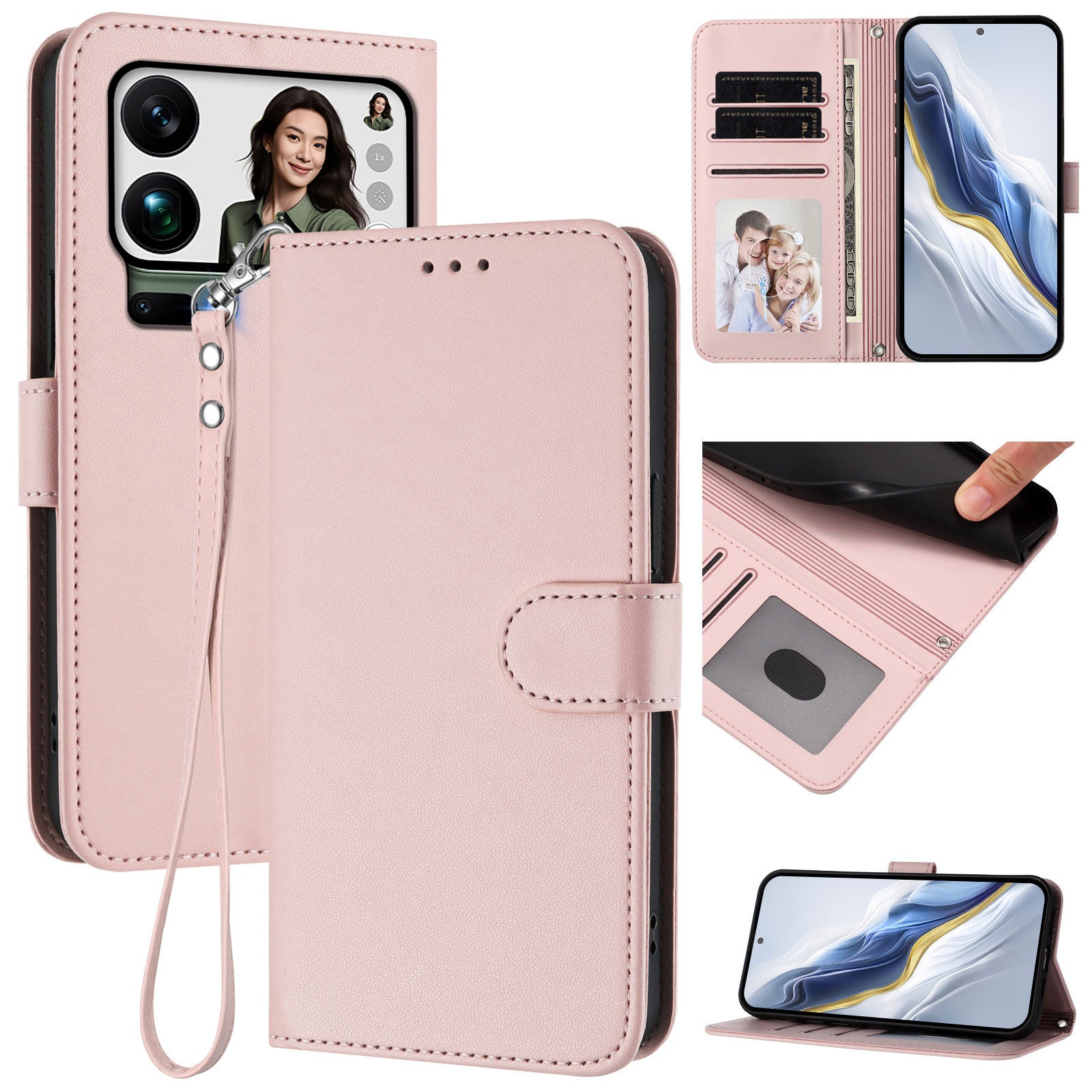 For Xiaomi 17 Pro Max Leather Case Wallet Stand Phone Cover with Wrist Strap - Pink