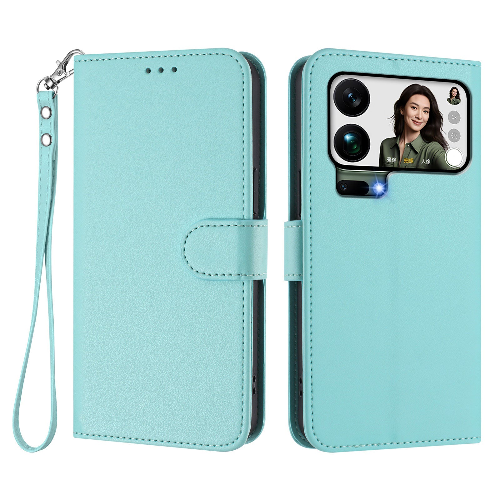 For Xiaomi 17 Pro Max Leather Case Wallet Stand Phone Cover with Wrist Strap - Mint Green