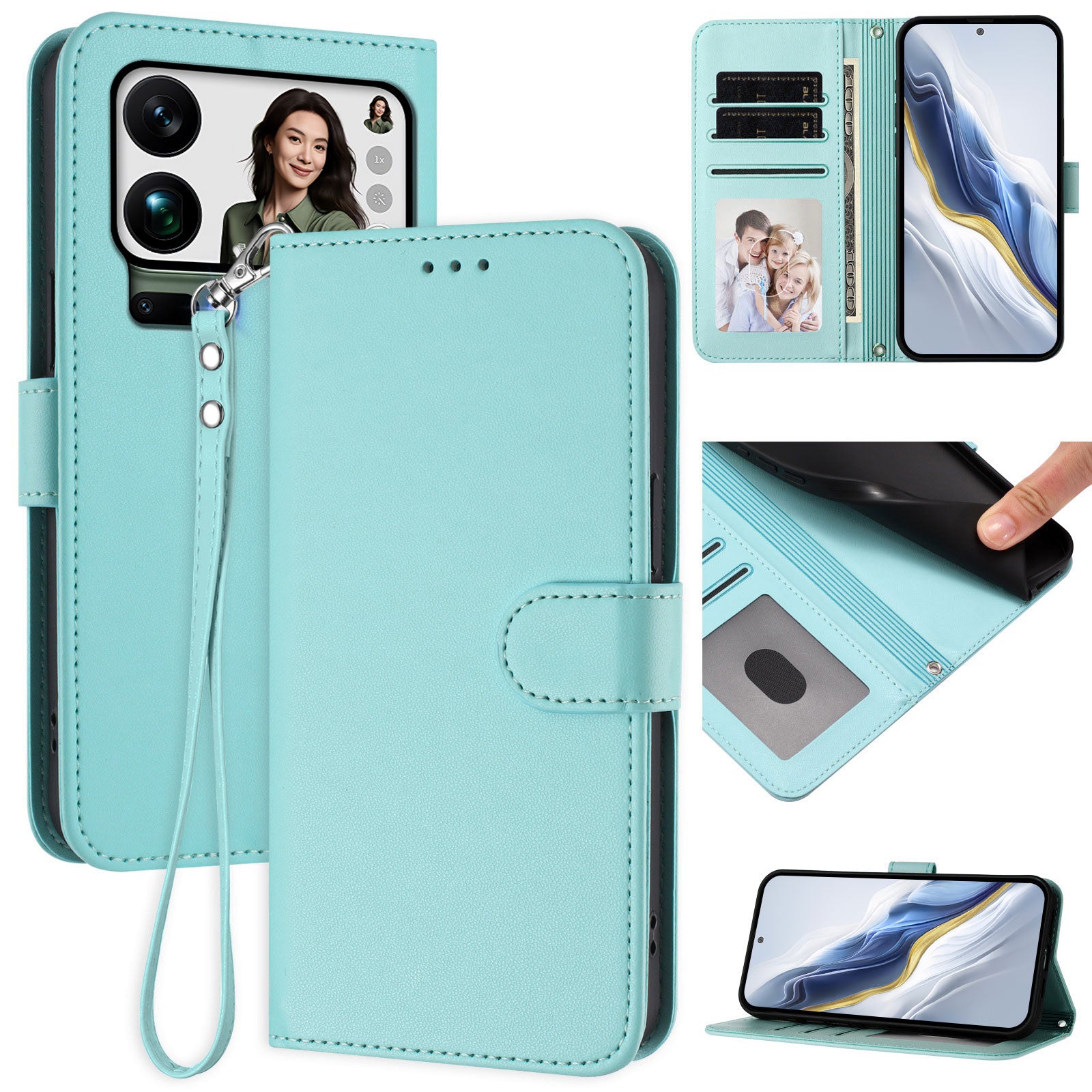 For Xiaomi 17 Pro Max Leather Case Wallet Stand Phone Cover with Wrist Strap - Mint Green