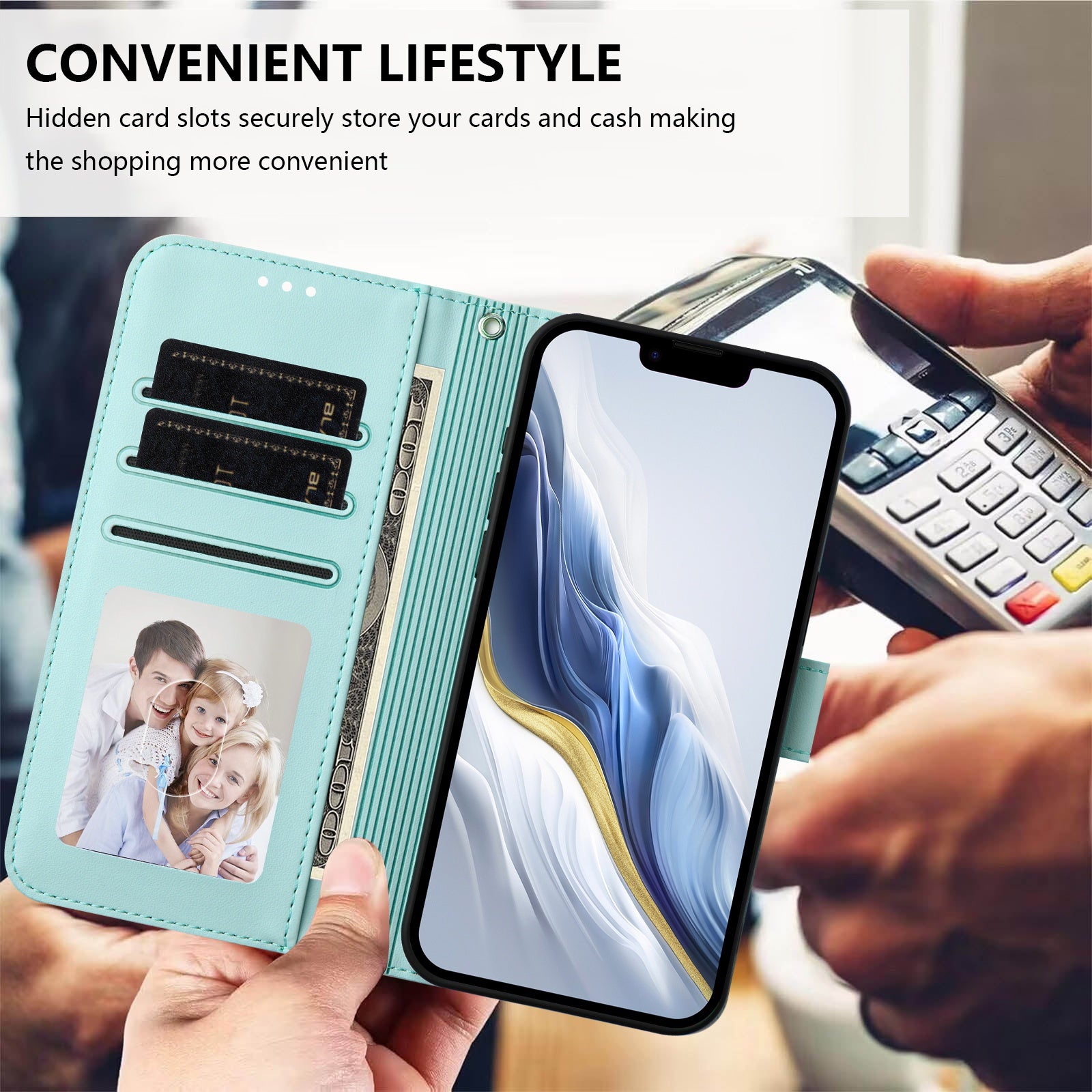 For Xiaomi 17 Pro Max Leather Case Wallet Stand Phone Cover with Wrist Strap - Mint Green