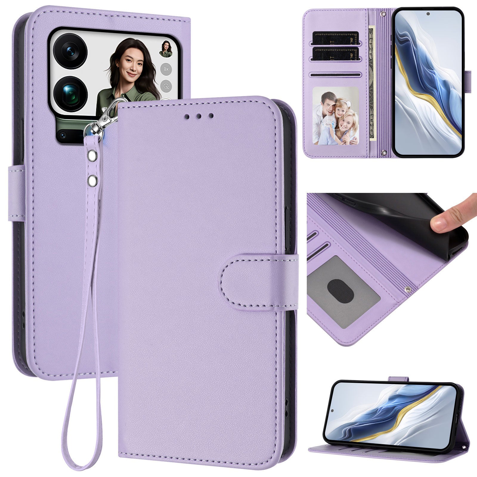 For Xiaomi 17 Pro Max Leather Case Wallet Stand Phone Cover with Wrist Strap - Light Purple